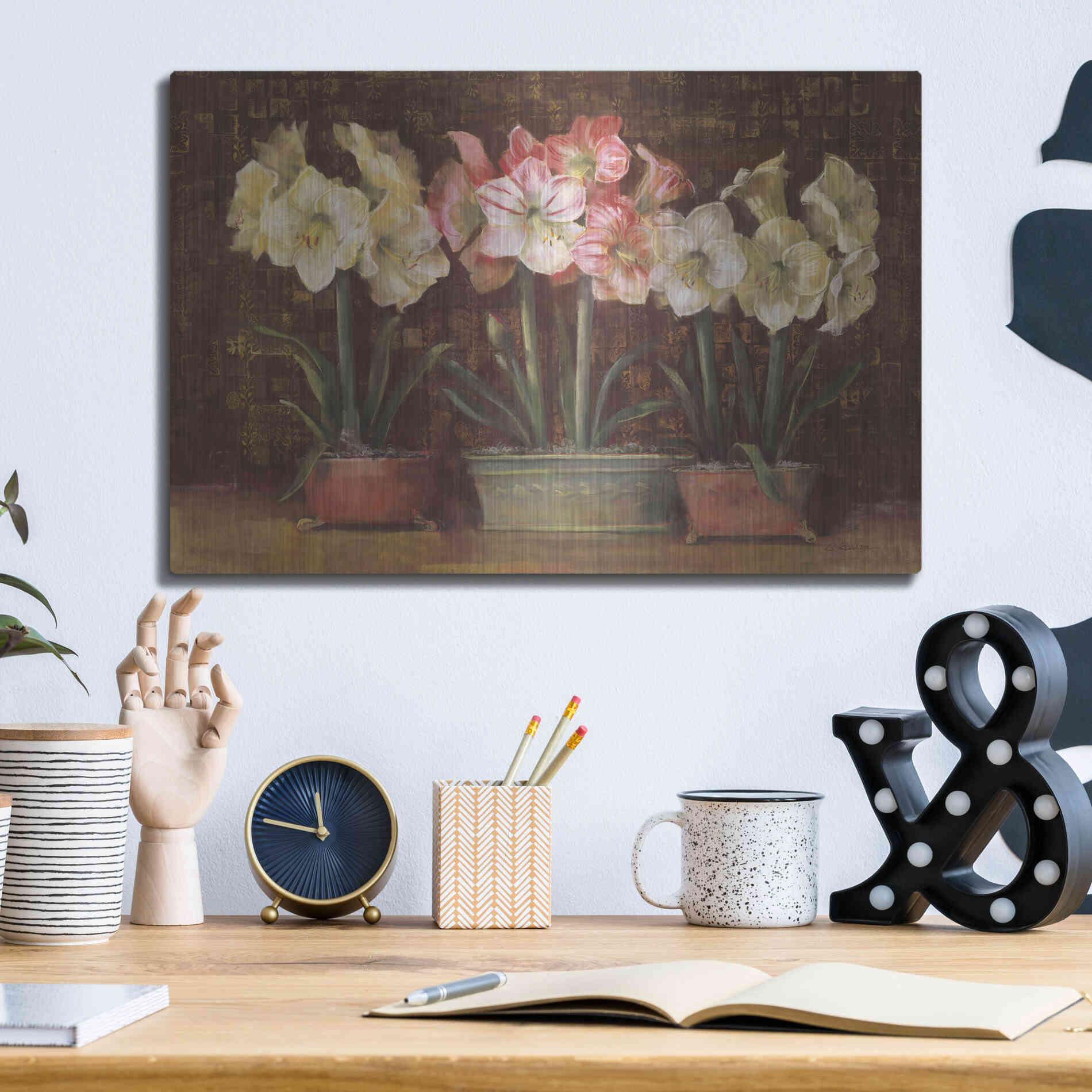 Luxe Metal Art 'Amaryllis On Brown' by Carol Rowan, Metal Wall Art,16x12