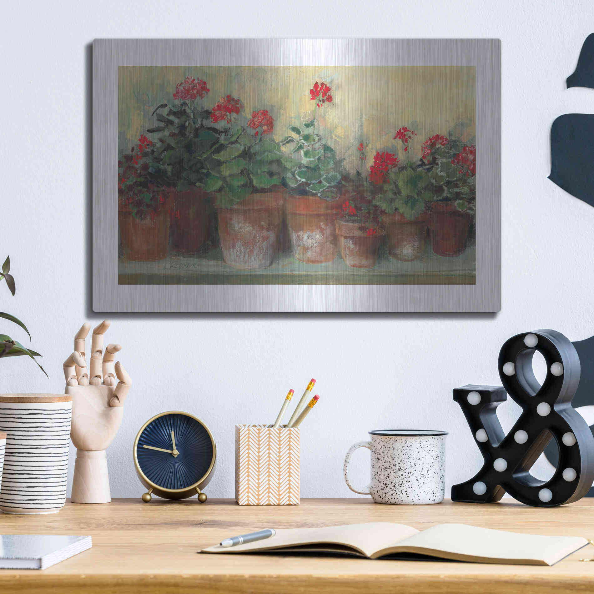 Luxe Metal Art 'Kathleens Geraniums' by Carol Rowan, Metal Wall Art,16x12