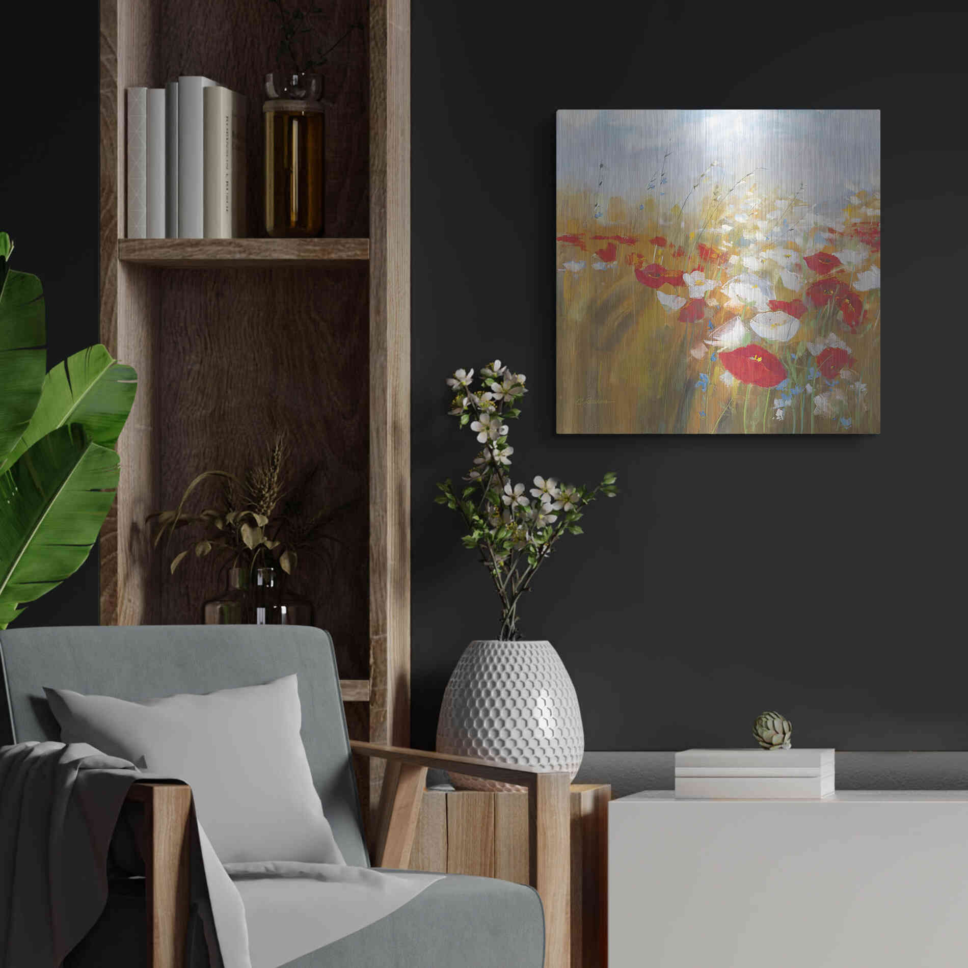 Luxe Metal Art 'Poppies And Larkspur I' by Carol Rowan, Metal Wall Art,24x24
