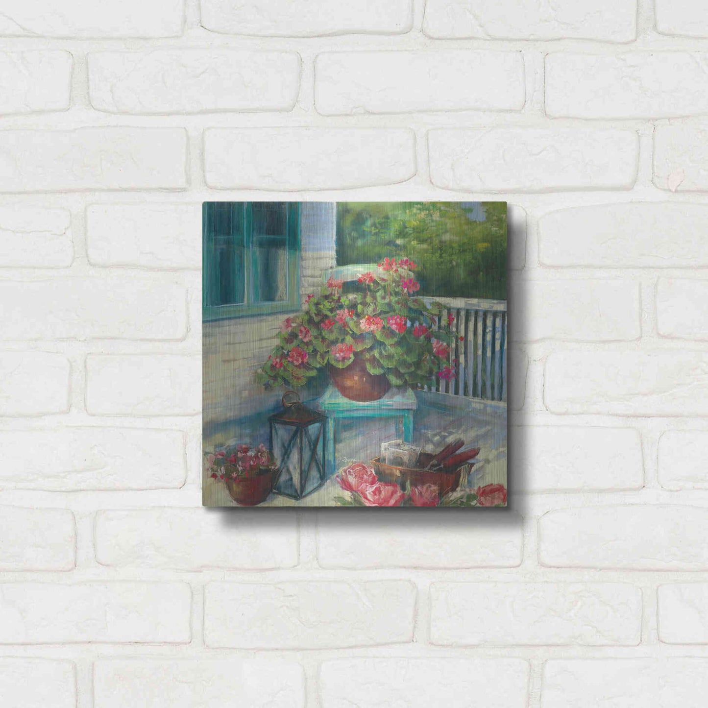 Luxe Metal Art 'Porch Geraniums' by Carol Rowan, Metal Wall Art,12x12