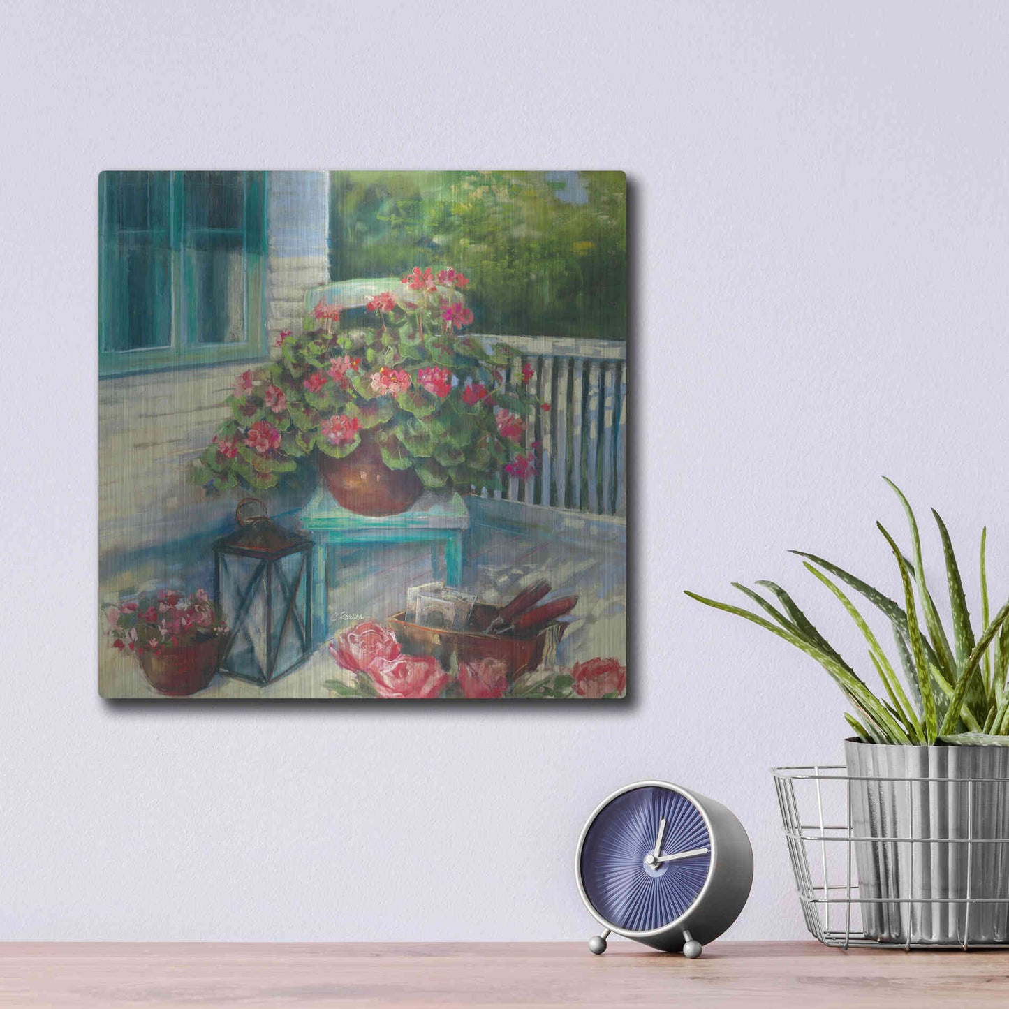 Luxe Metal Art 'Porch Geraniums' by Carol Rowan, Metal Wall Art,12x12