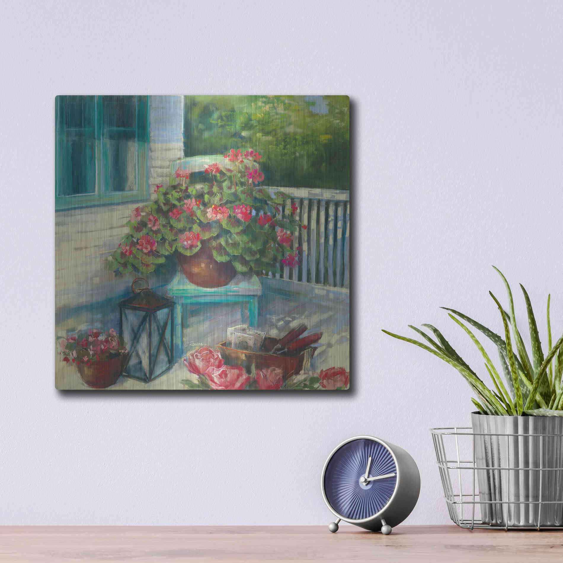 Luxe Metal Art 'Porch Geraniums' by Carol Rowan, Metal Wall Art,12x12