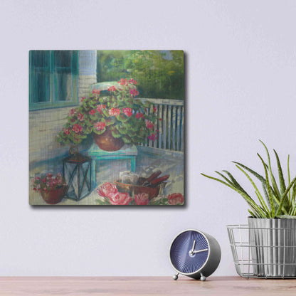 Luxe Metal Art 'Porch Geraniums' by Carol Rowan, Metal Wall Art,12x12