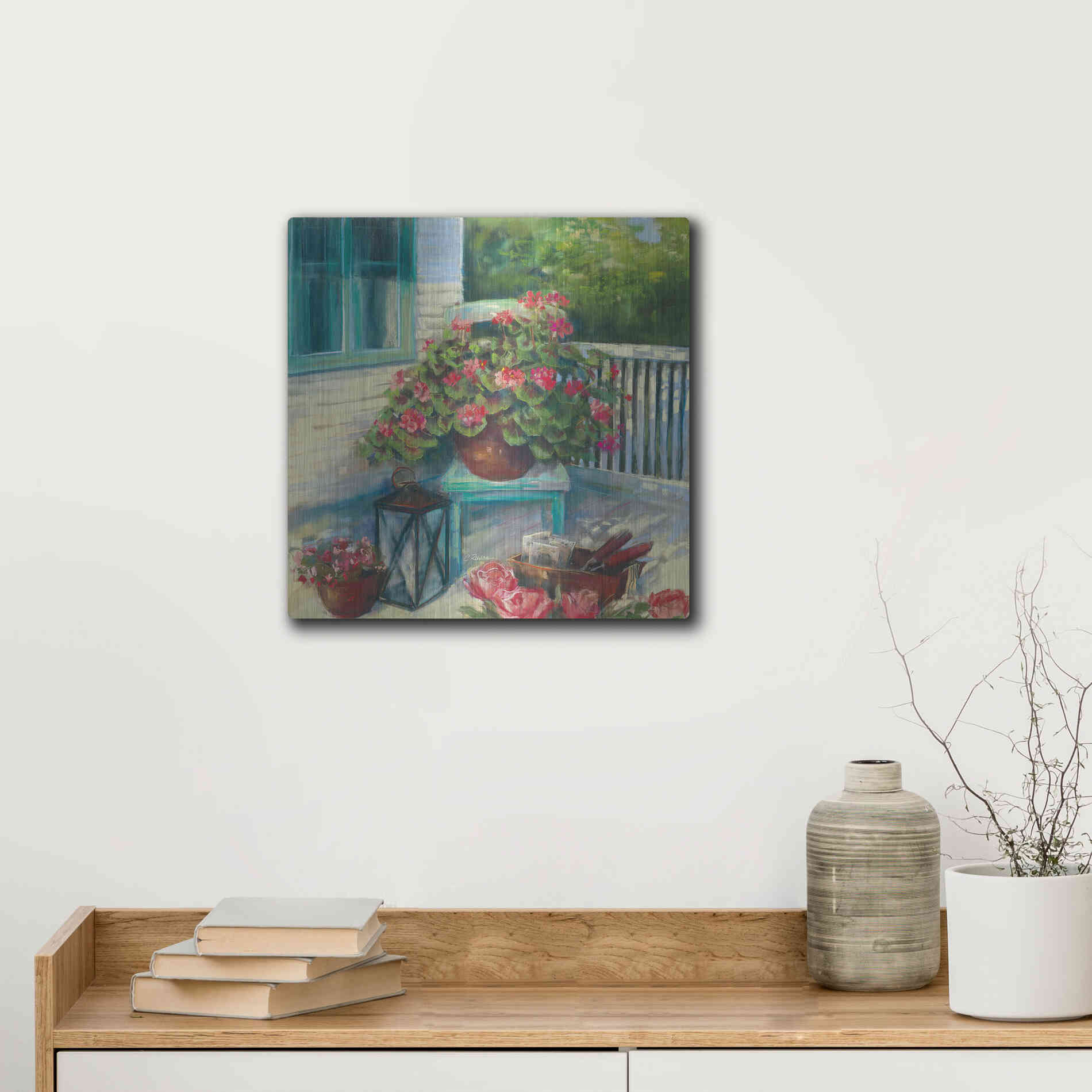 Luxe Metal Art 'Porch Geraniums' by Carol Rowan, Metal Wall Art,12x12