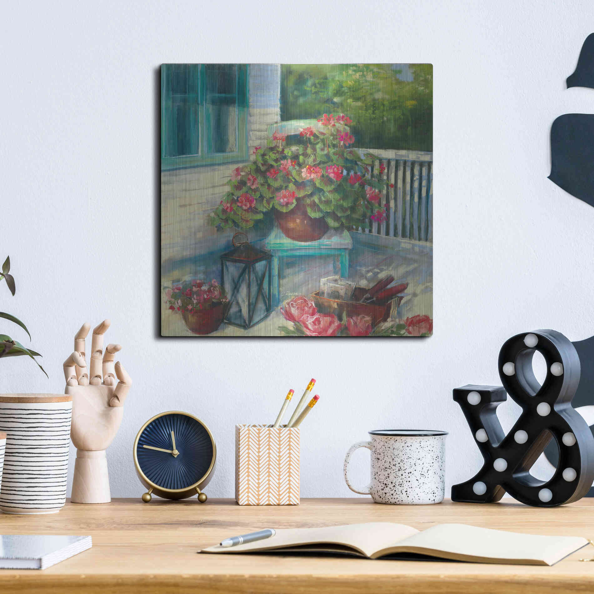 Luxe Metal Art 'Porch Geraniums' by Carol Rowan, Metal Wall Art,12x12