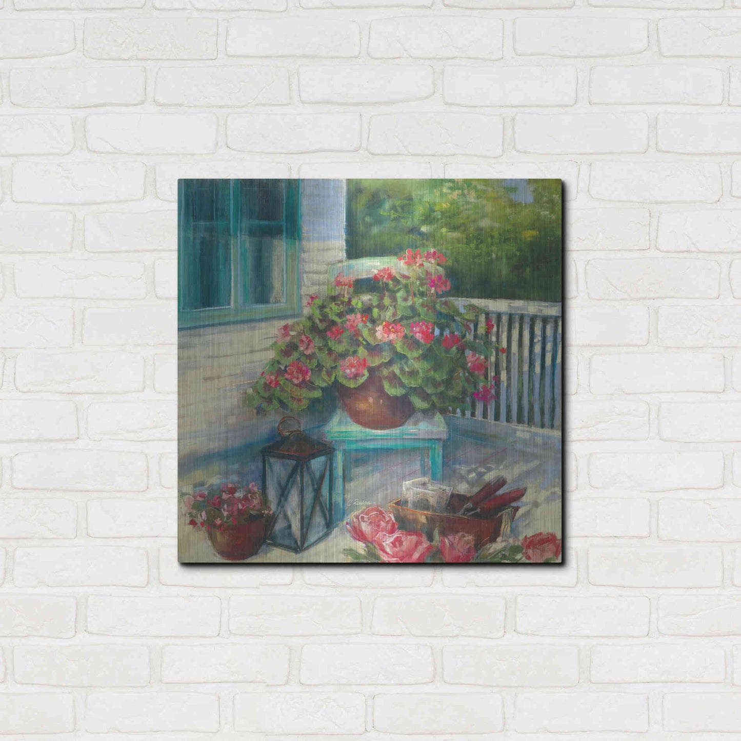 Luxe Metal Art 'Porch Geraniums' by Carol Rowan, Metal Wall Art,24x24