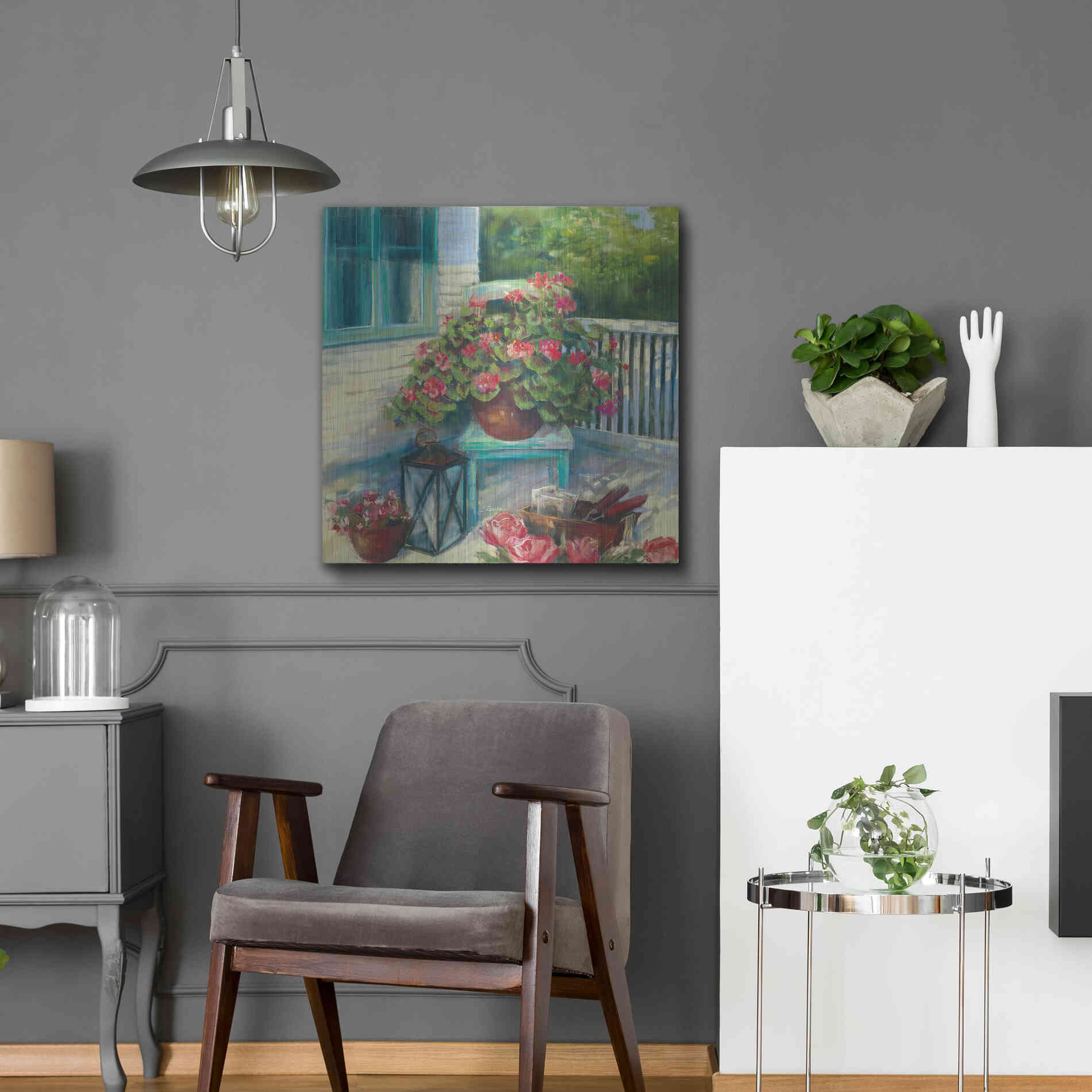 Luxe Metal Art 'Porch Geraniums' by Carol Rowan, Metal Wall Art,24x24