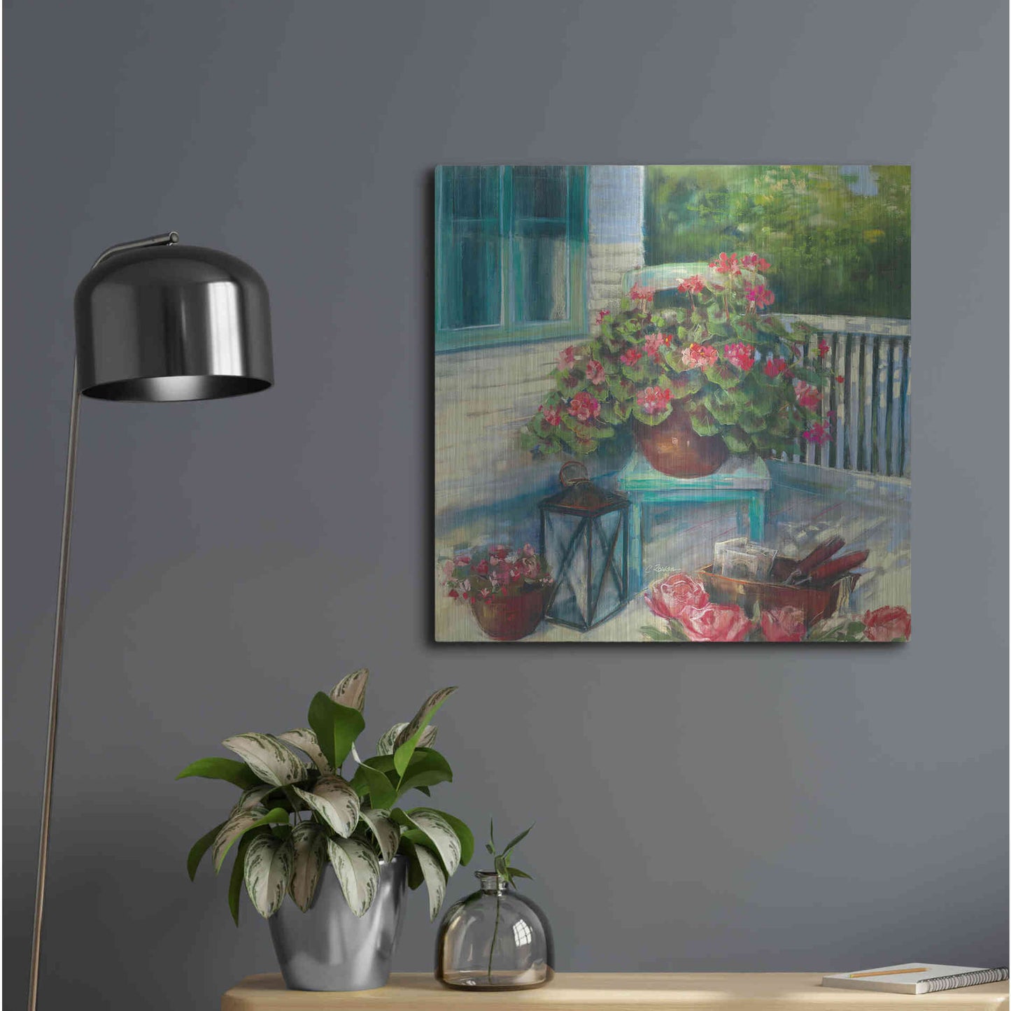 Luxe Metal Art 'Porch Geraniums' by Carol Rowan, Metal Wall Art,24x24