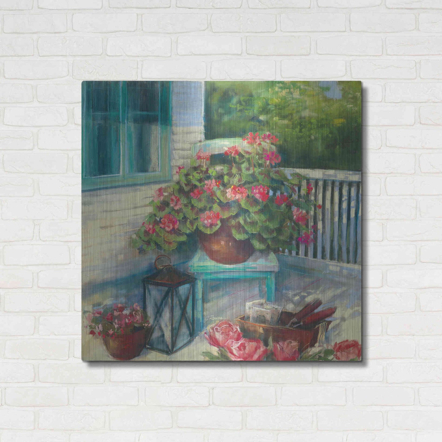 Luxe Metal Art 'Porch Geraniums' by Carol Rowan, Metal Wall Art,36x36