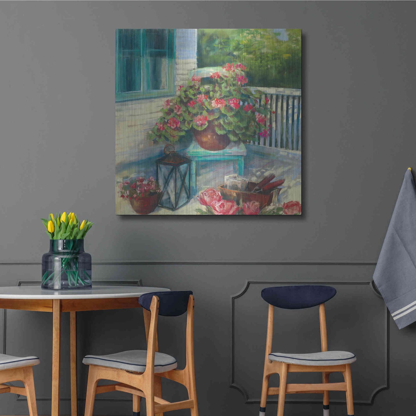 Luxe Metal Art 'Porch Geraniums' by Carol Rowan, Metal Wall Art,36x36