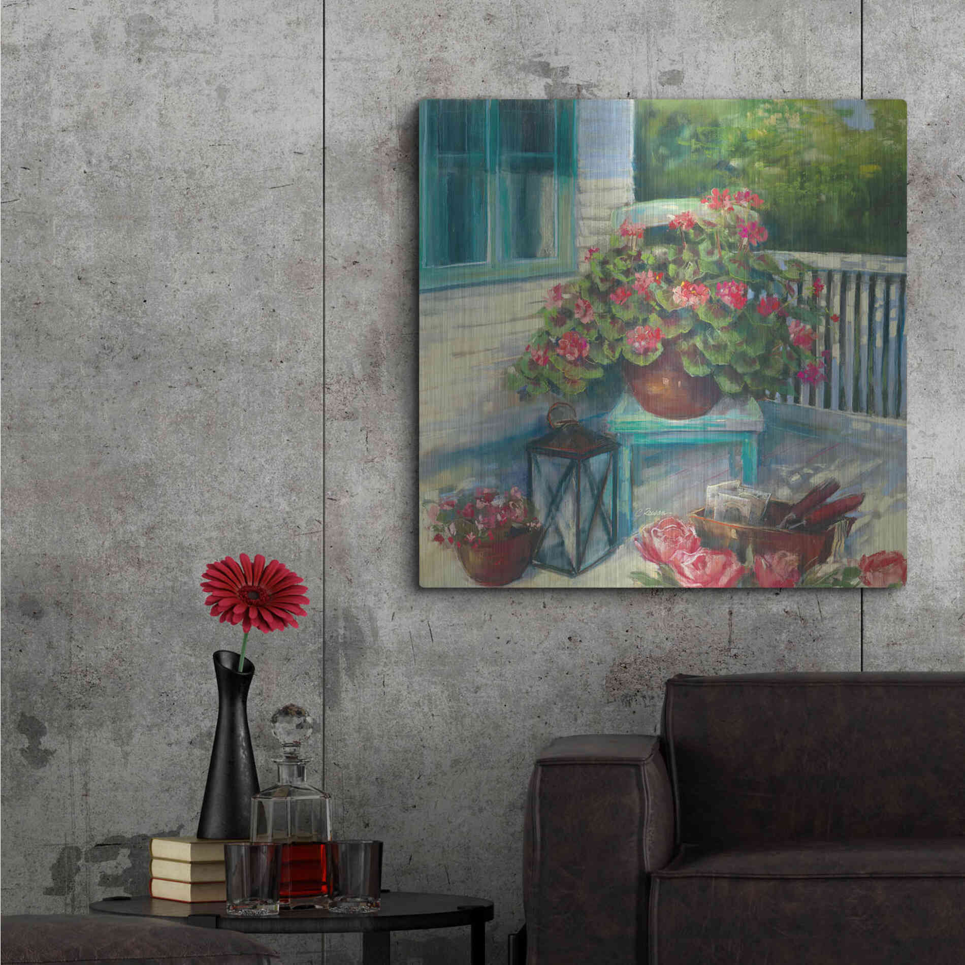Luxe Metal Art 'Porch Geraniums' by Carol Rowan, Metal Wall Art,36x36