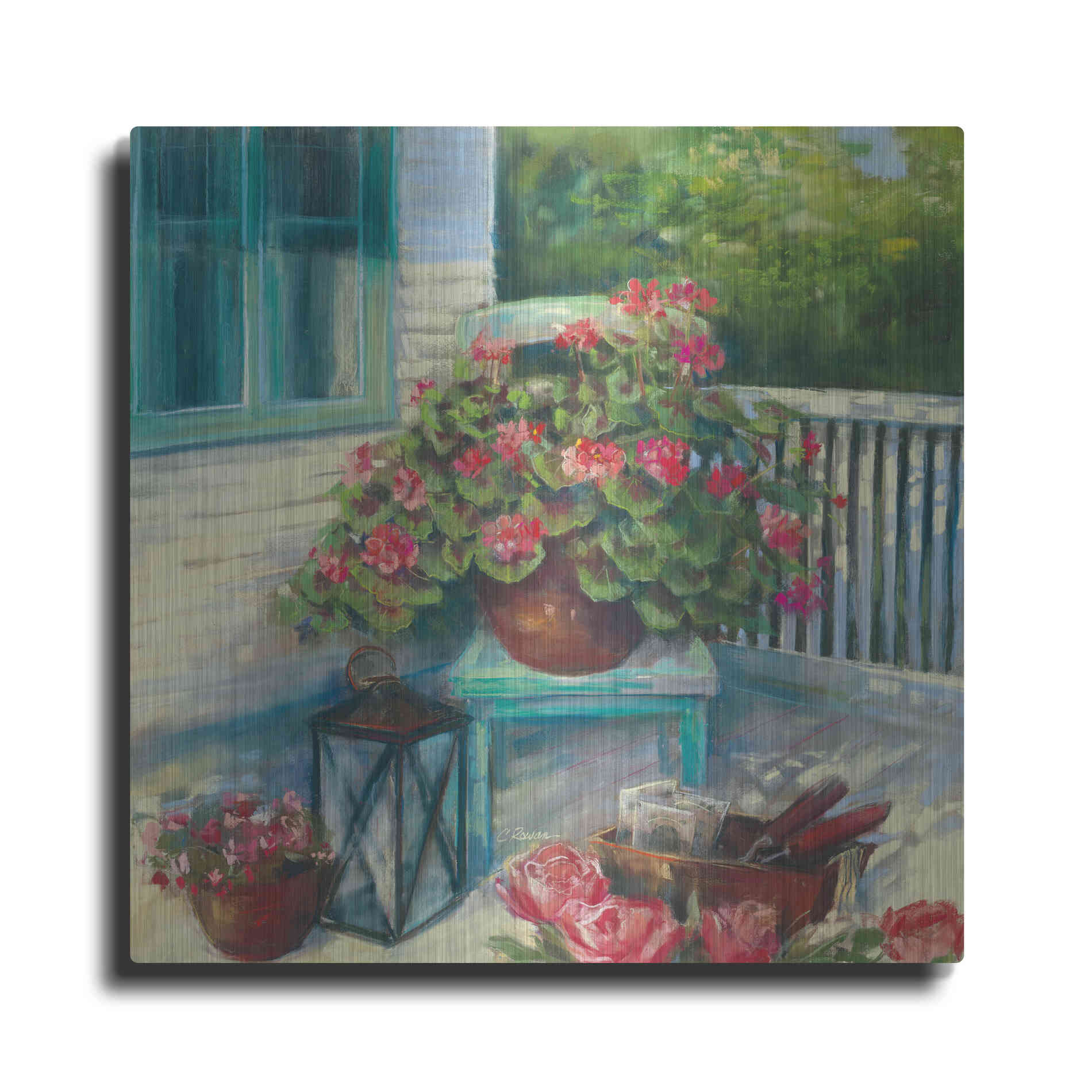 Luxe Metal Art 'Porch Geraniums' by Carol Rowan, Metal Wall Art