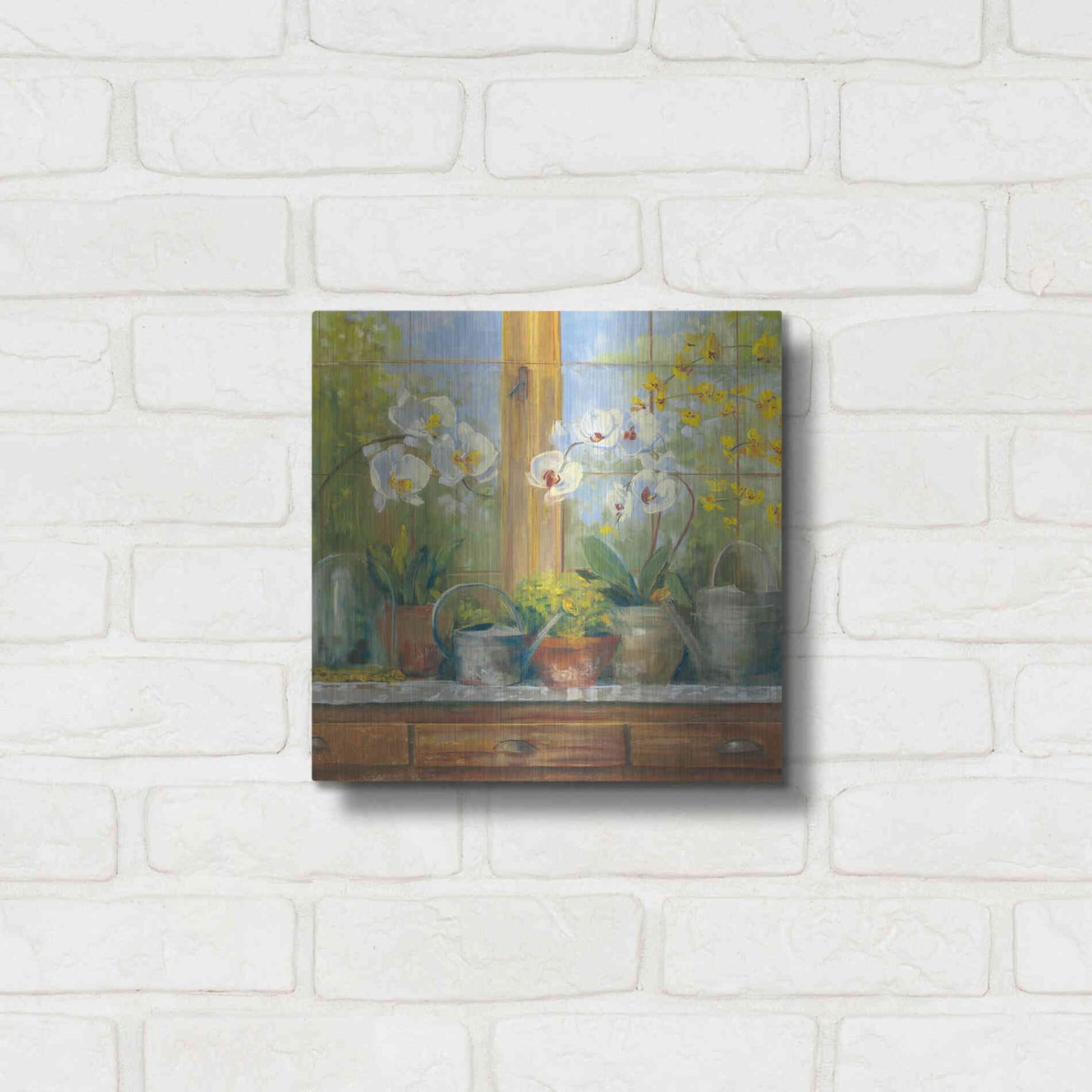 Luxe Metal Art 'Gardeners Table Orchids' by Carol Rowan, Metal Wall Art,12x12
