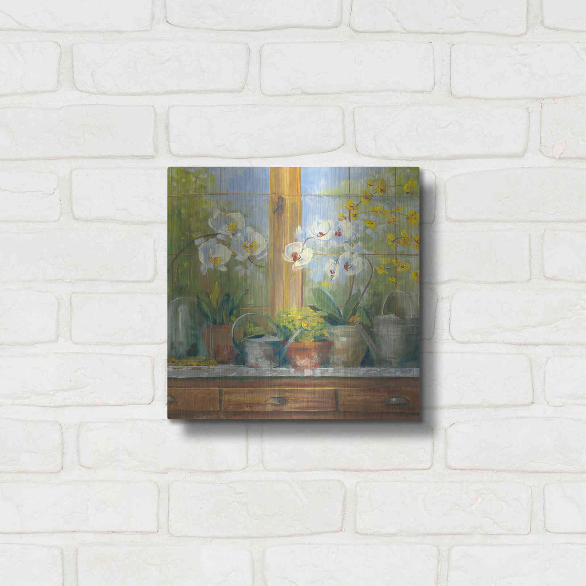 Luxe Metal Art 'Gardeners Table Orchids' by Carol Rowan, Metal Wall Art,12x12