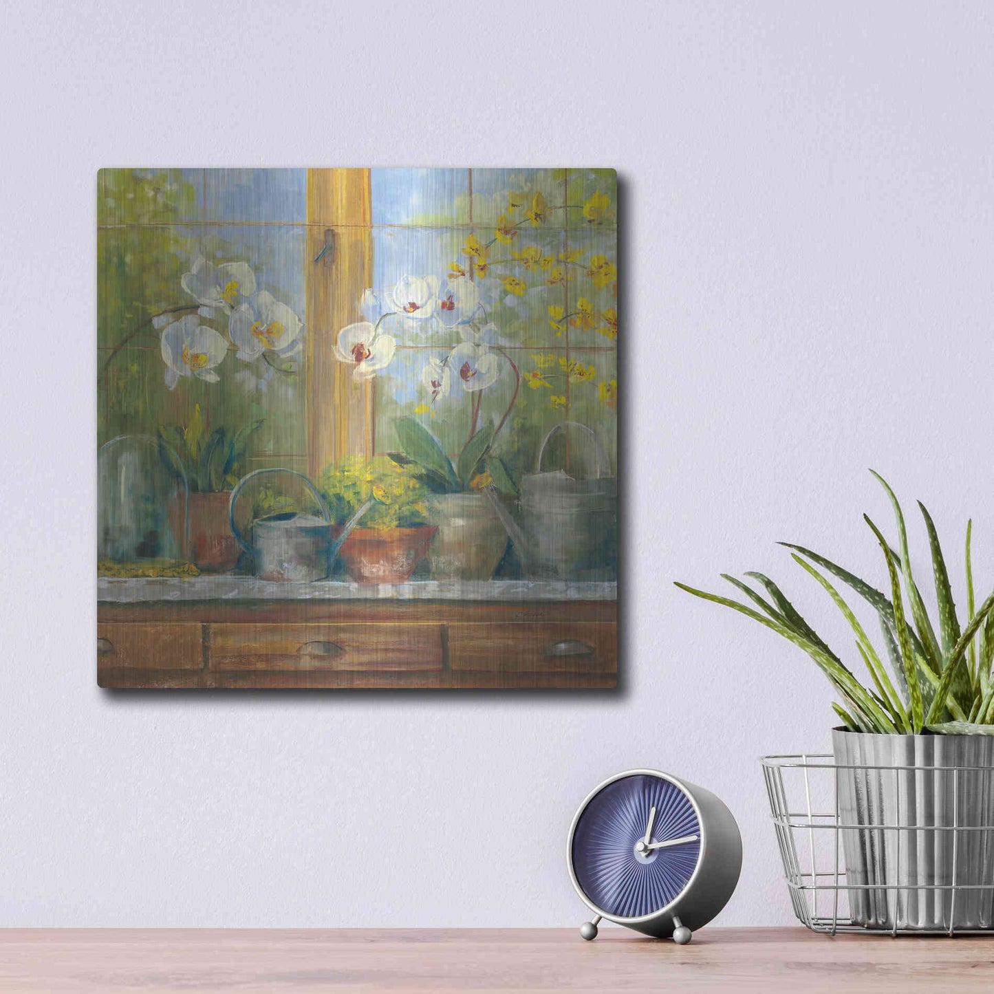Luxe Metal Art 'Gardeners Table Orchids' by Carol Rowan, Metal Wall Art,12x12