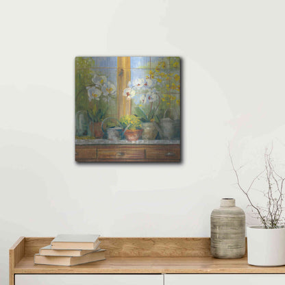 Luxe Metal Art 'Gardeners Table Orchids' by Carol Rowan, Metal Wall Art,12x12