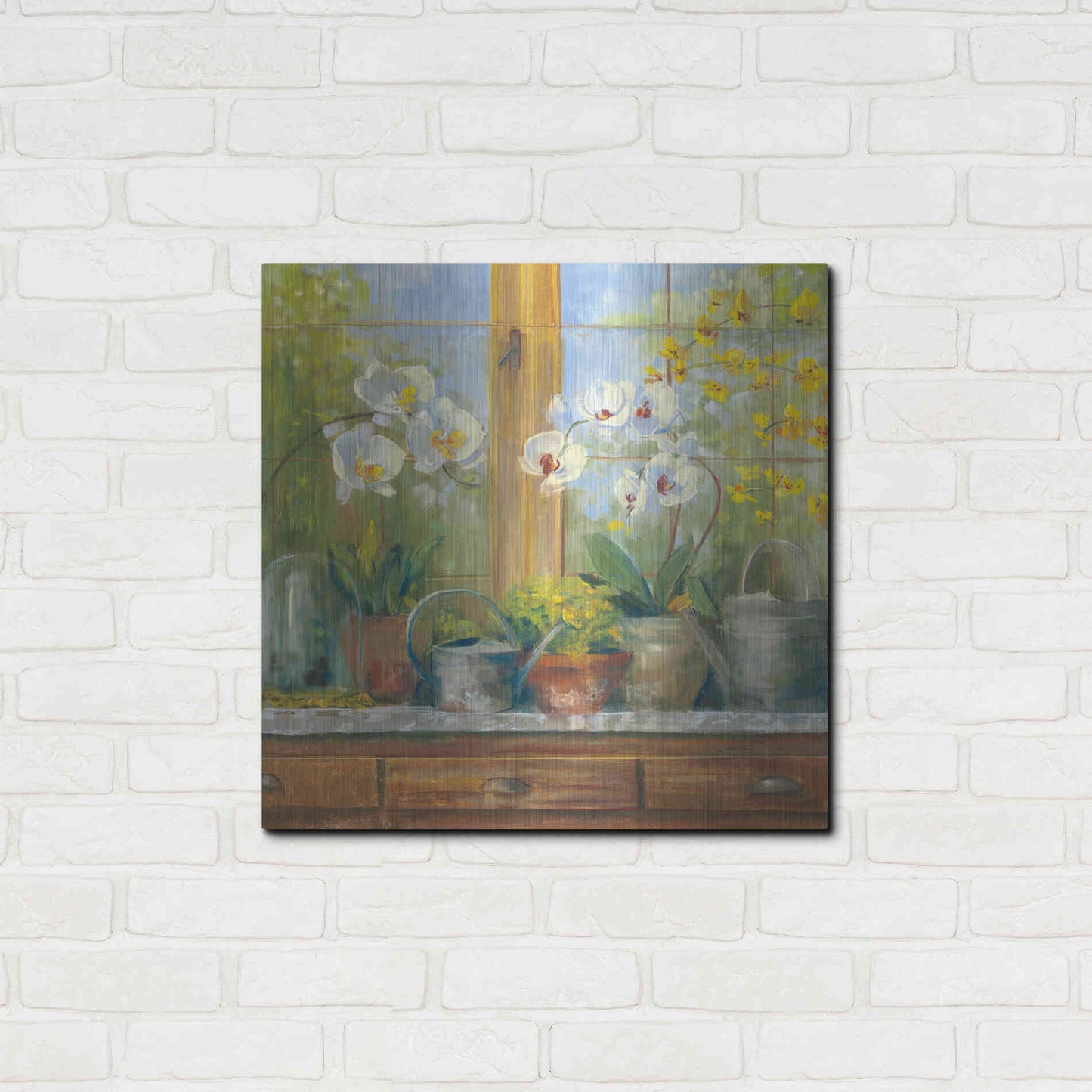 Luxe Metal Art 'Gardeners Table Orchids' by Carol Rowan, Metal Wall Art,24x24