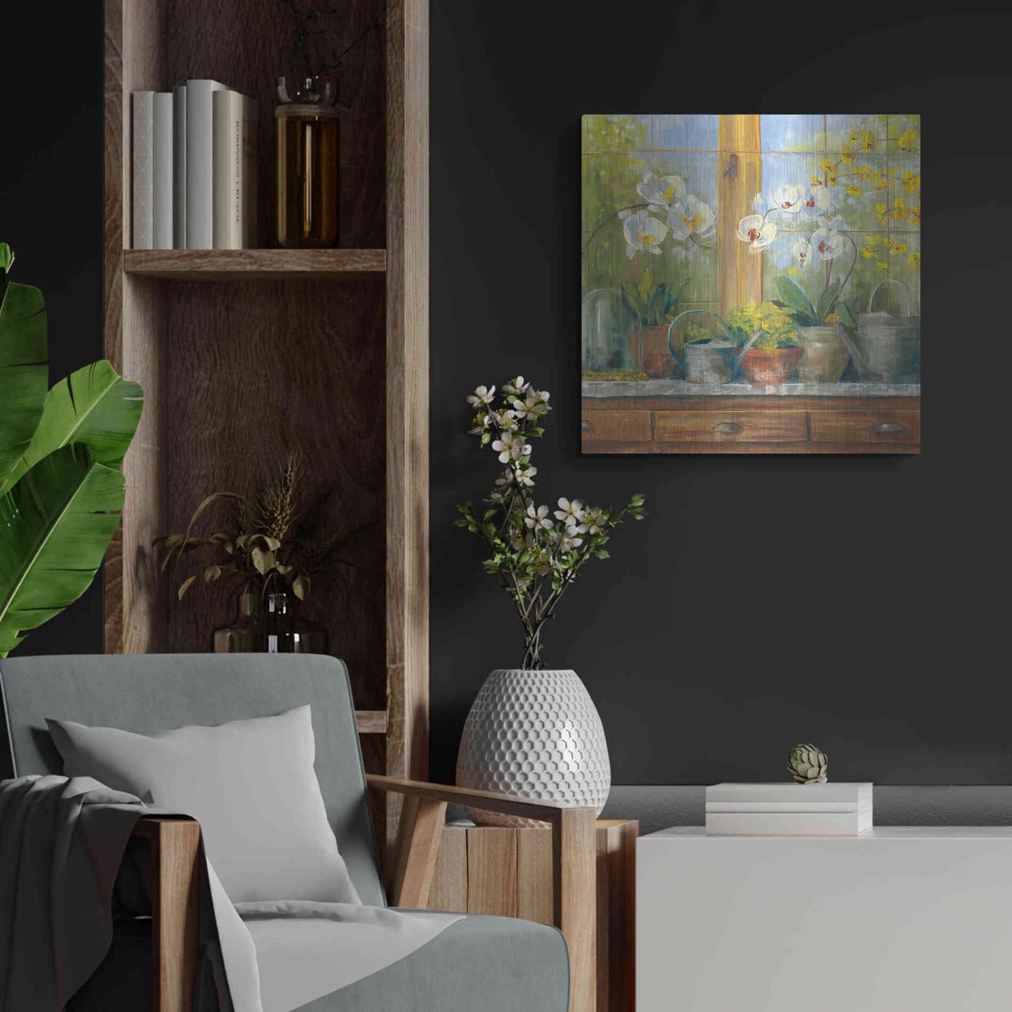 Luxe Metal Art 'Gardeners Table Orchids' by Carol Rowan, Metal Wall Art,24x24
