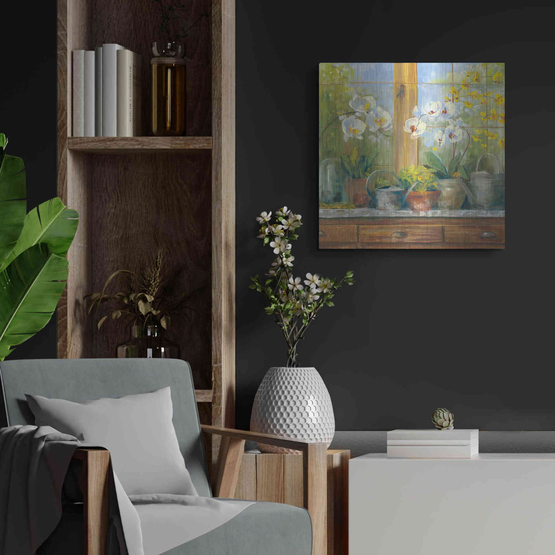 Luxe Metal Art 'Gardeners Table Orchids' by Carol Rowan, Metal Wall Art,24x24