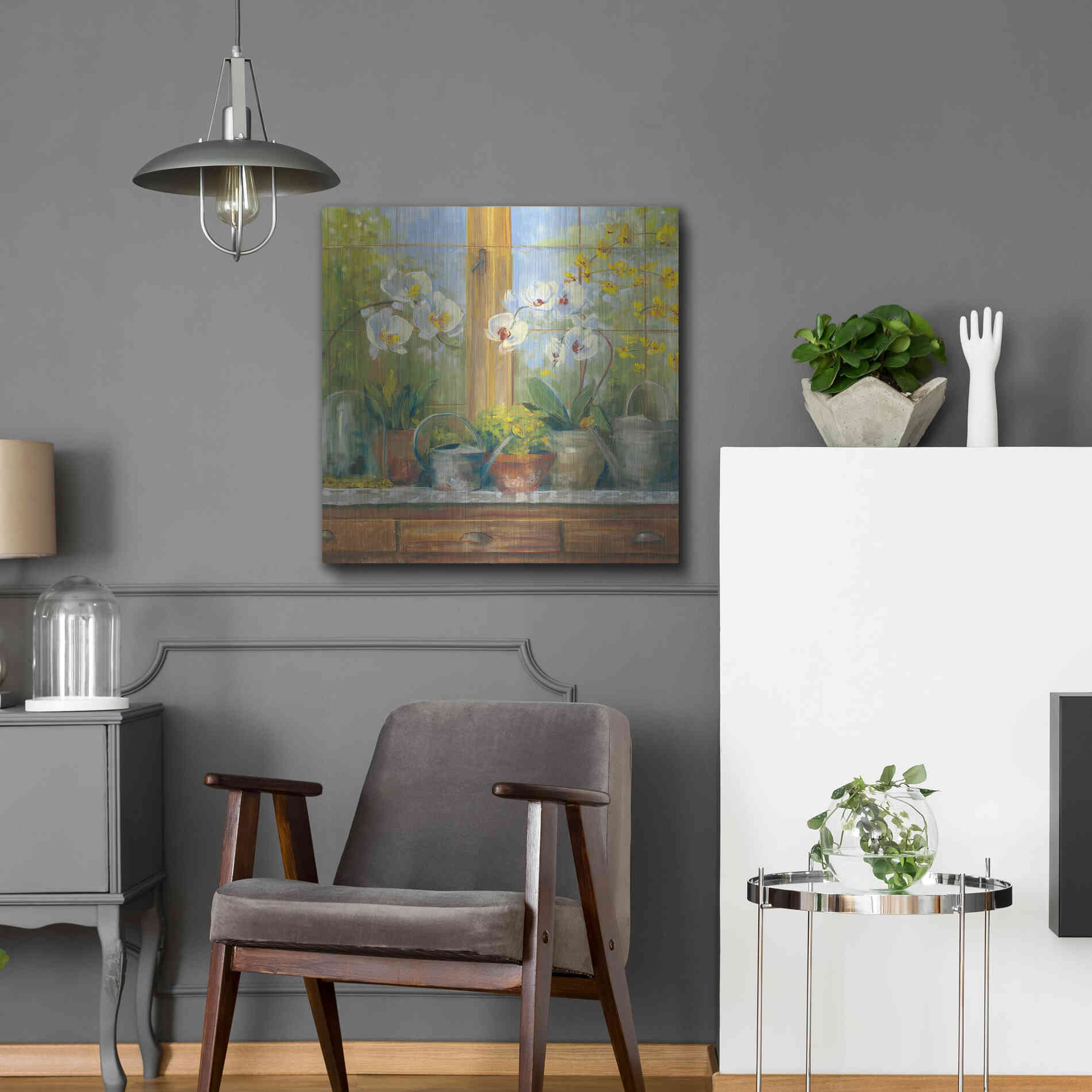 Luxe Metal Art 'Gardeners Table Orchids' by Carol Rowan, Metal Wall Art,24x24
