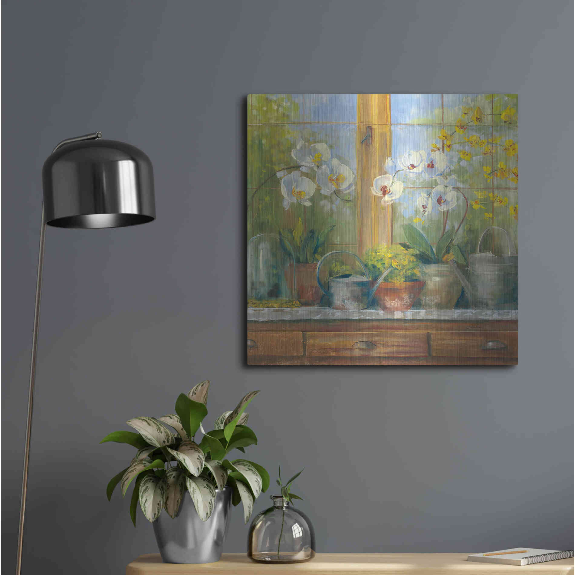 Luxe Metal Art 'Gardeners Table Orchids' by Carol Rowan, Metal Wall Art,24x24
