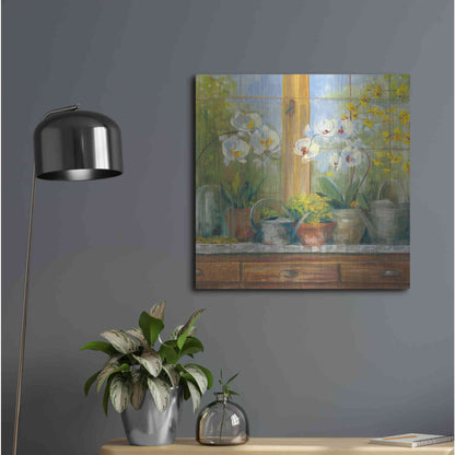 Luxe Metal Art 'Gardeners Table Orchids' by Carol Rowan, Metal Wall Art,24x24