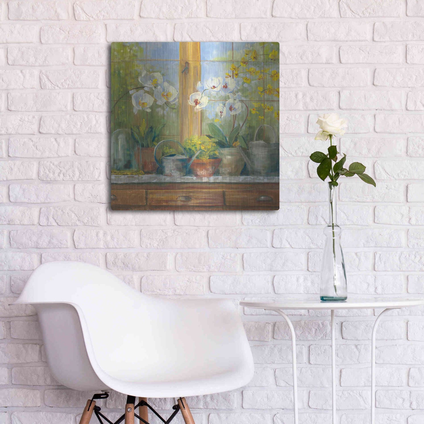 Luxe Metal Art 'Gardeners Table Orchids' by Carol Rowan, Metal Wall Art,24x24