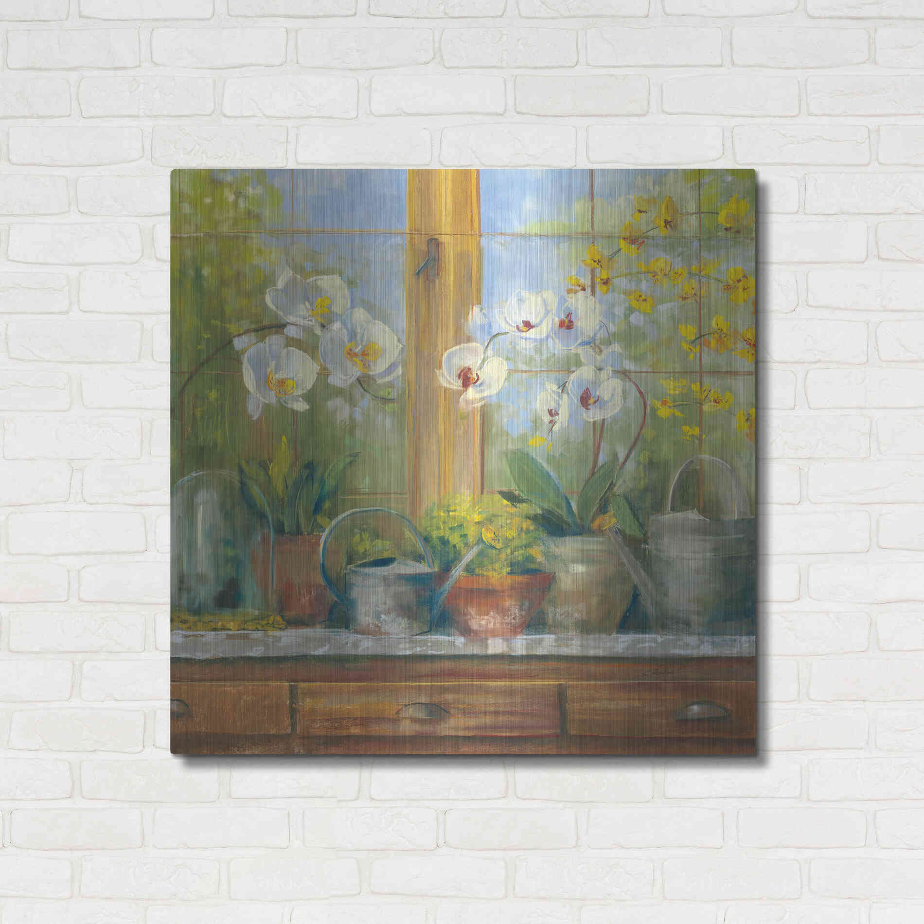 Luxe Metal Art 'Gardeners Table Orchids' by Carol Rowan, Metal Wall Art,36x36