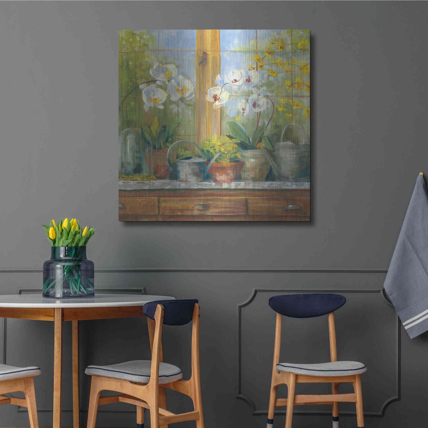 Luxe Metal Art 'Gardeners Table Orchids' by Carol Rowan, Metal Wall Art,36x36