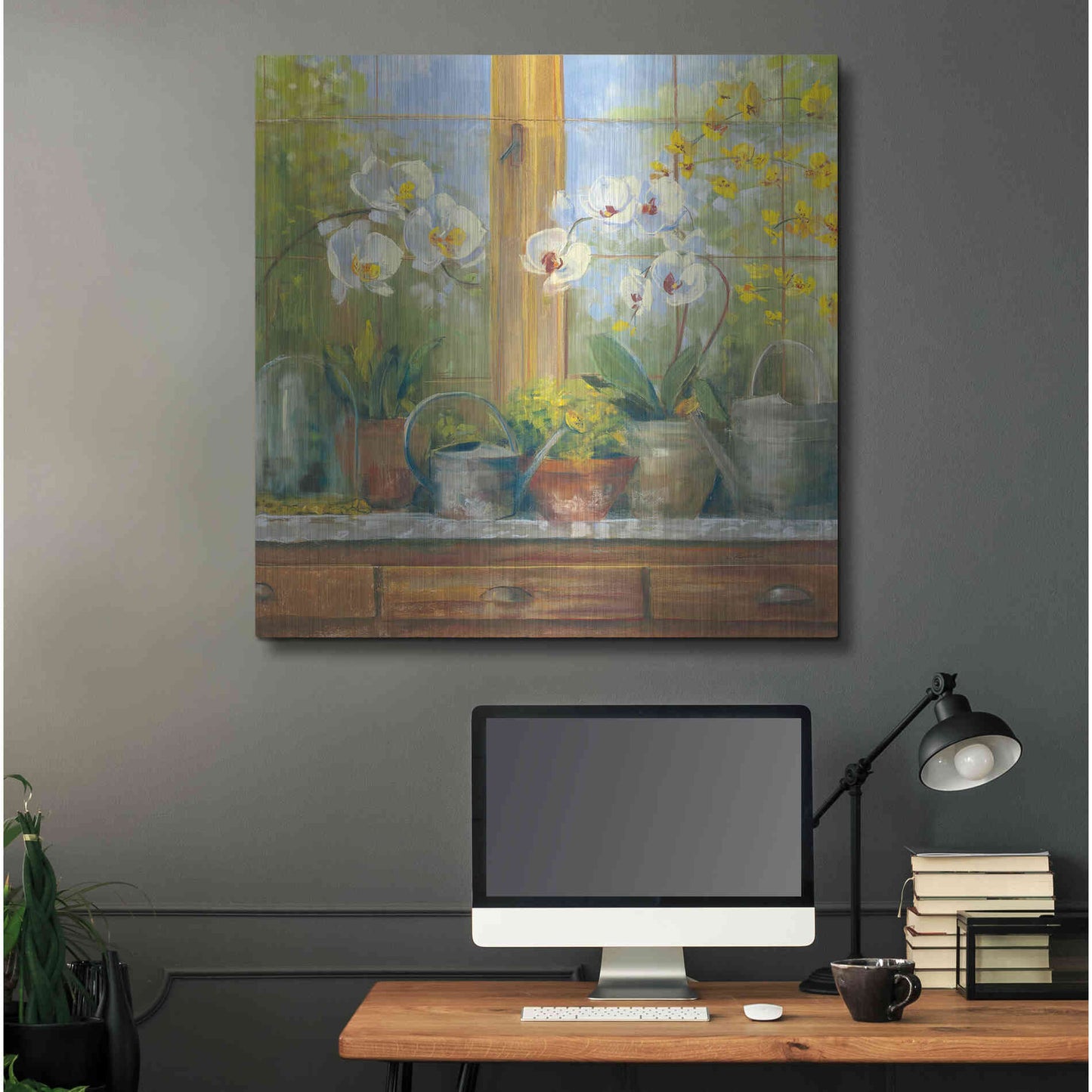 Luxe Metal Art 'Gardeners Table Orchids' by Carol Rowan, Metal Wall Art,36x36