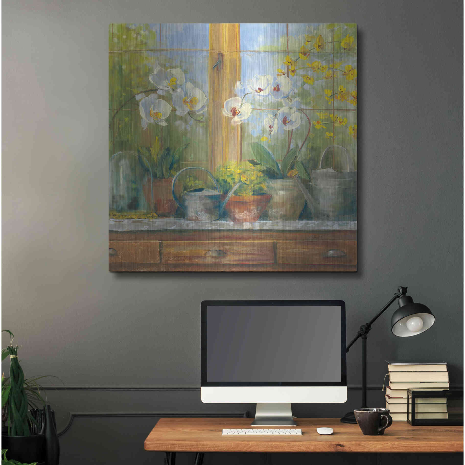 Luxe Metal Art 'Gardeners Table Orchids' by Carol Rowan, Metal Wall Art,36x36