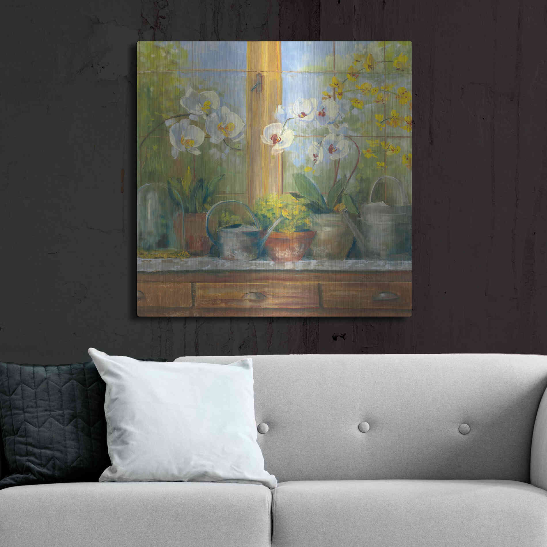 Luxe Metal Art 'Gardeners Table Orchids' by Carol Rowan, Metal Wall Art,36x36