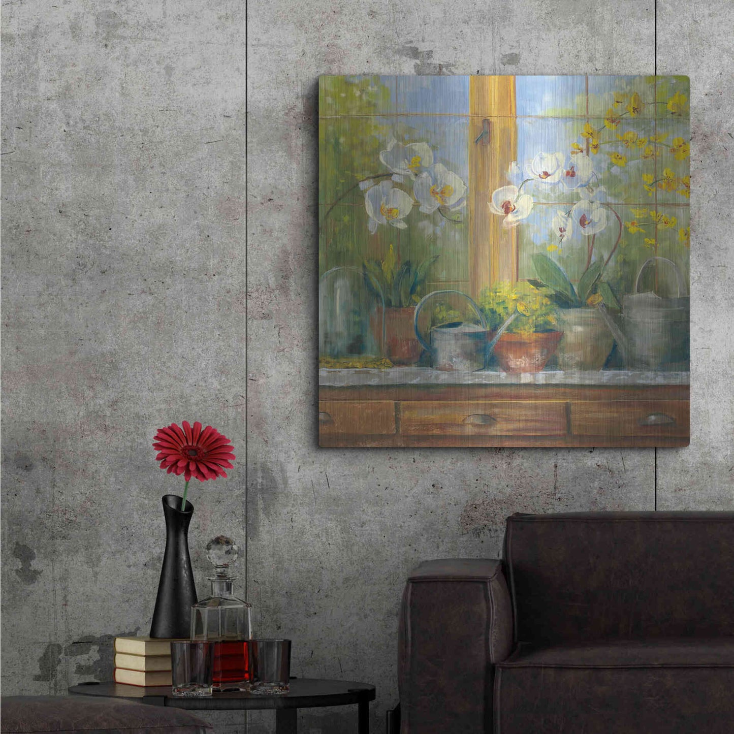 Luxe Metal Art 'Gardeners Table Orchids' by Carol Rowan, Metal Wall Art,36x36