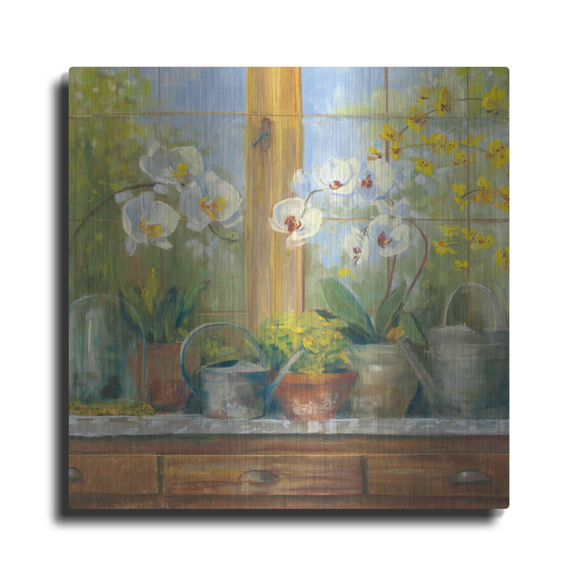 Luxe Metal Art 'Gardeners Table Orchids' by Carol Rowan, Metal Wall Art