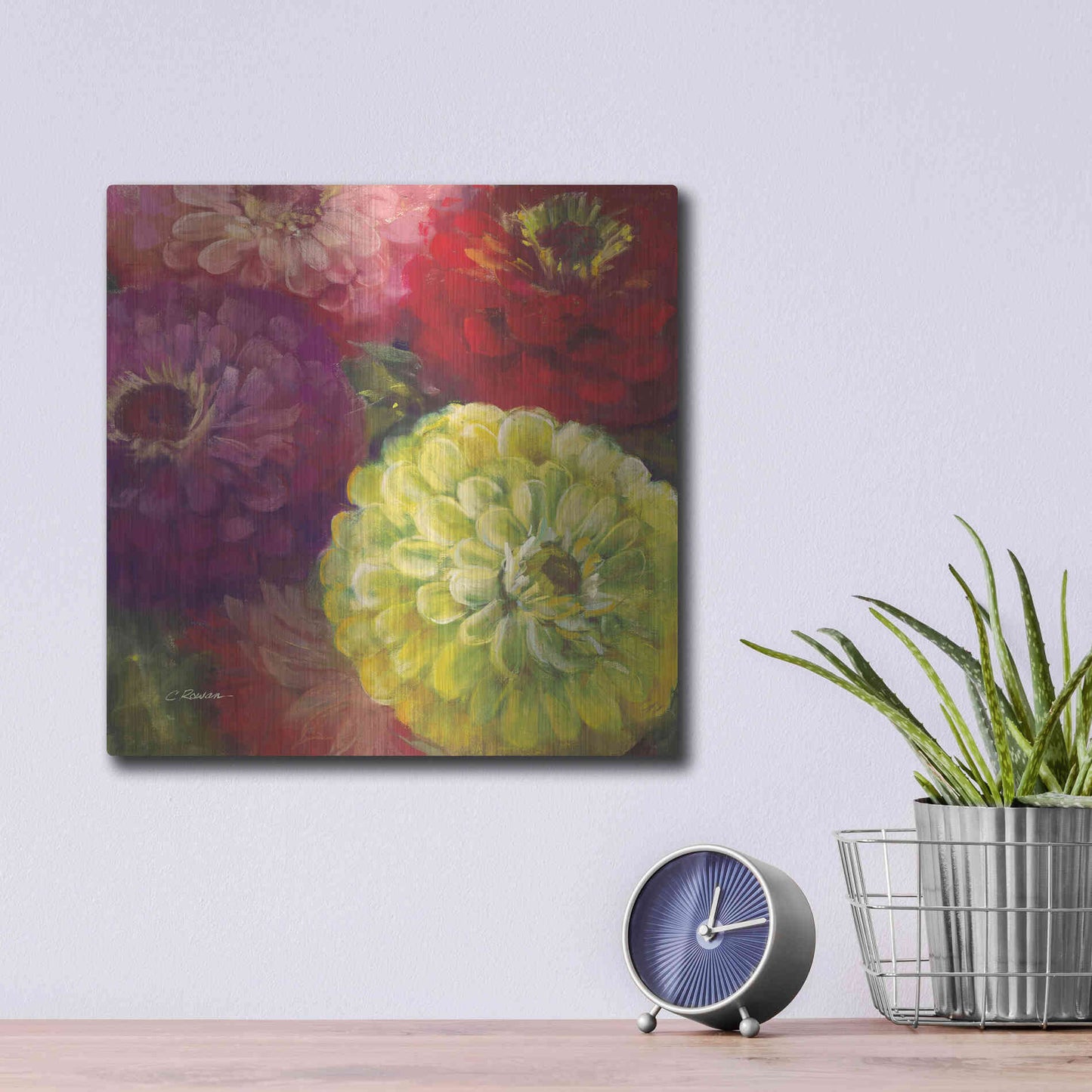 Luxe Metal Art 'Zinnia Gala I' by Carol Rowan, Metal Wall Art,12x12