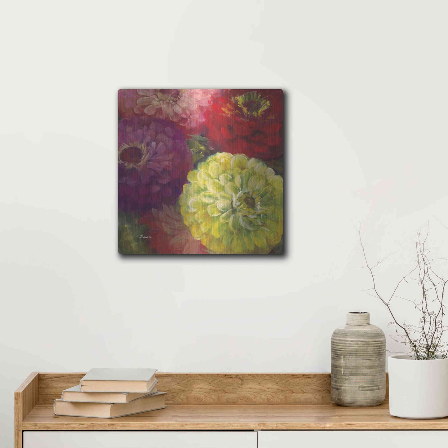 Luxe Metal Art 'Zinnia Gala I' by Carol Rowan, Metal Wall Art,12x12