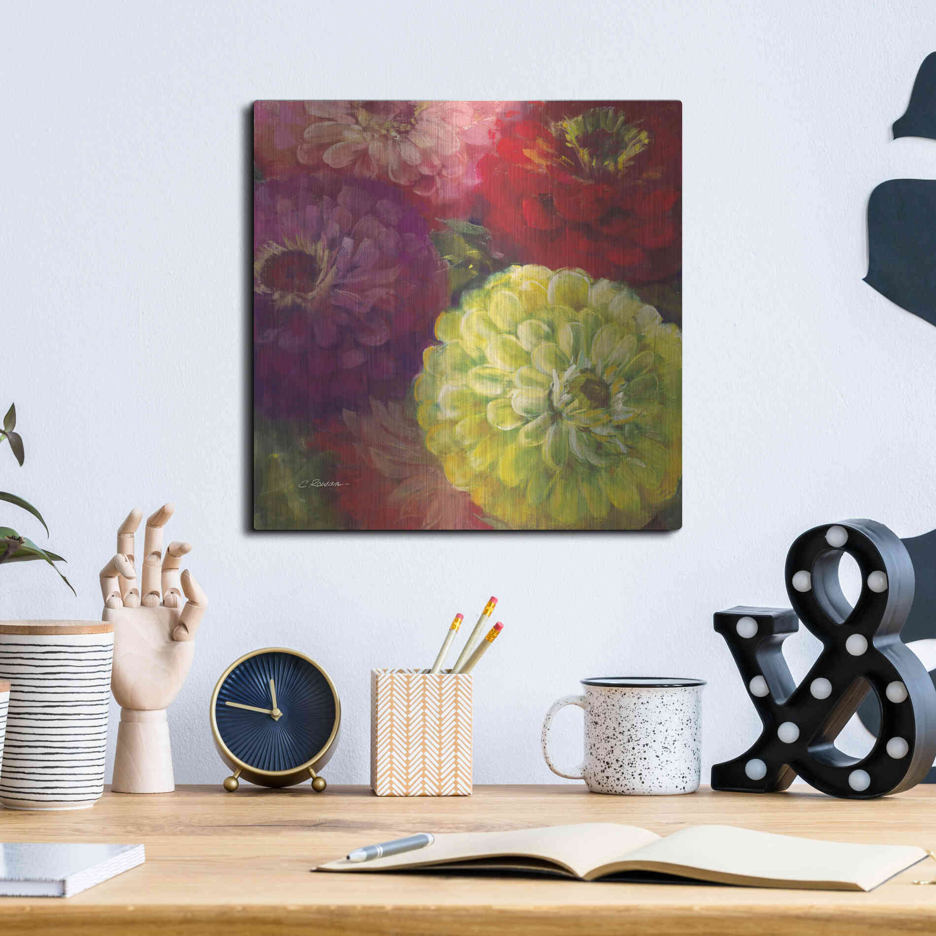 Luxe Metal Art 'Zinnia Gala I' by Carol Rowan, Metal Wall Art,12x12