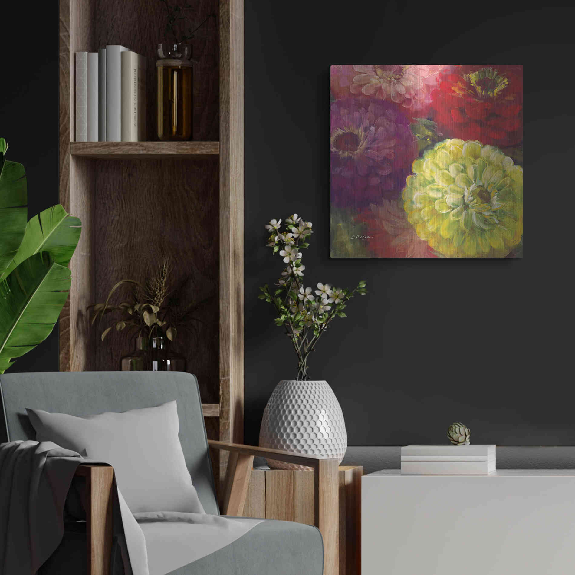 Luxe Metal Art 'Zinnia Gala I' by Carol Rowan, Metal Wall Art,24x24