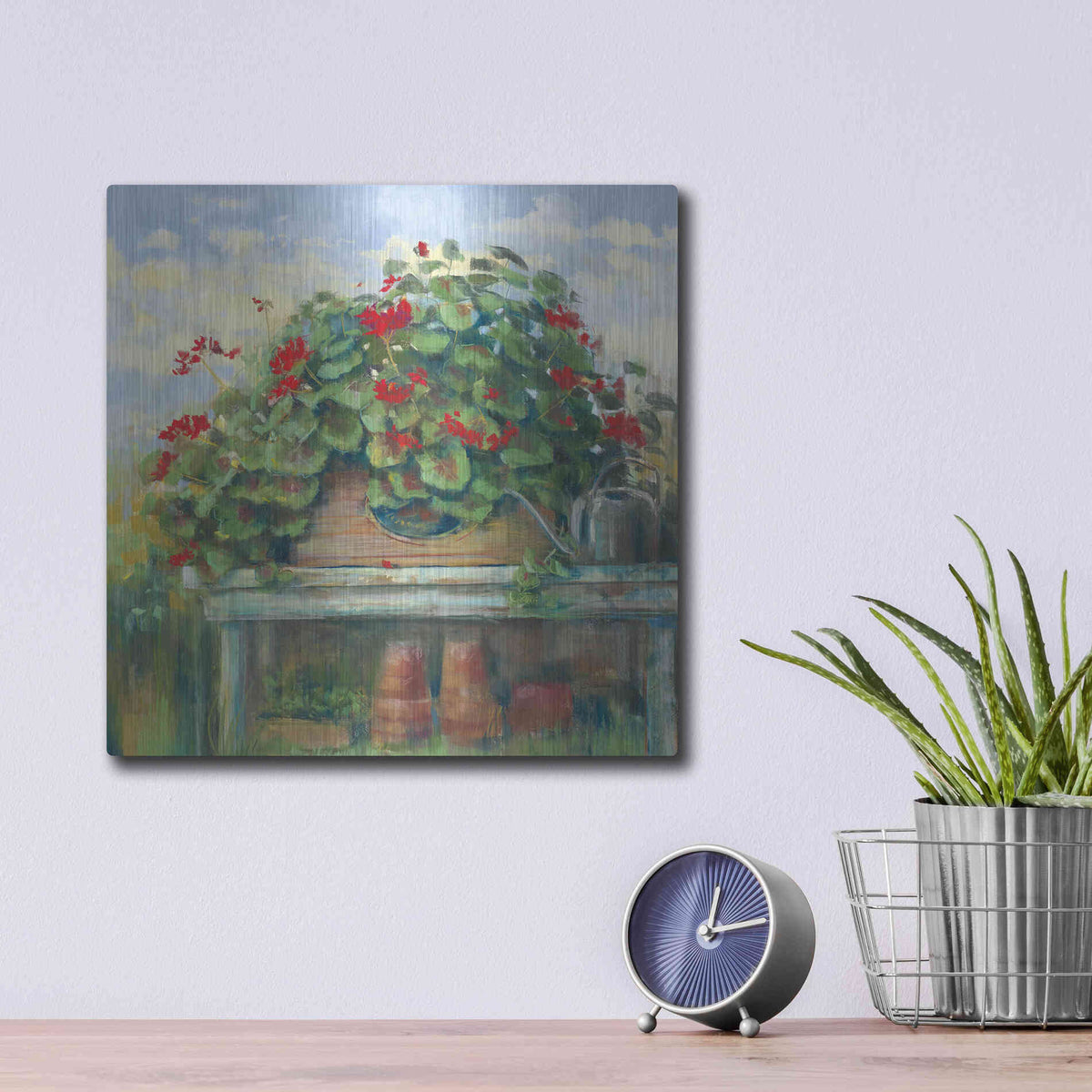 Luxe Metal Art 'Geranium Bench Crop' by Carol Rowan, Metal Wall Art,12x12