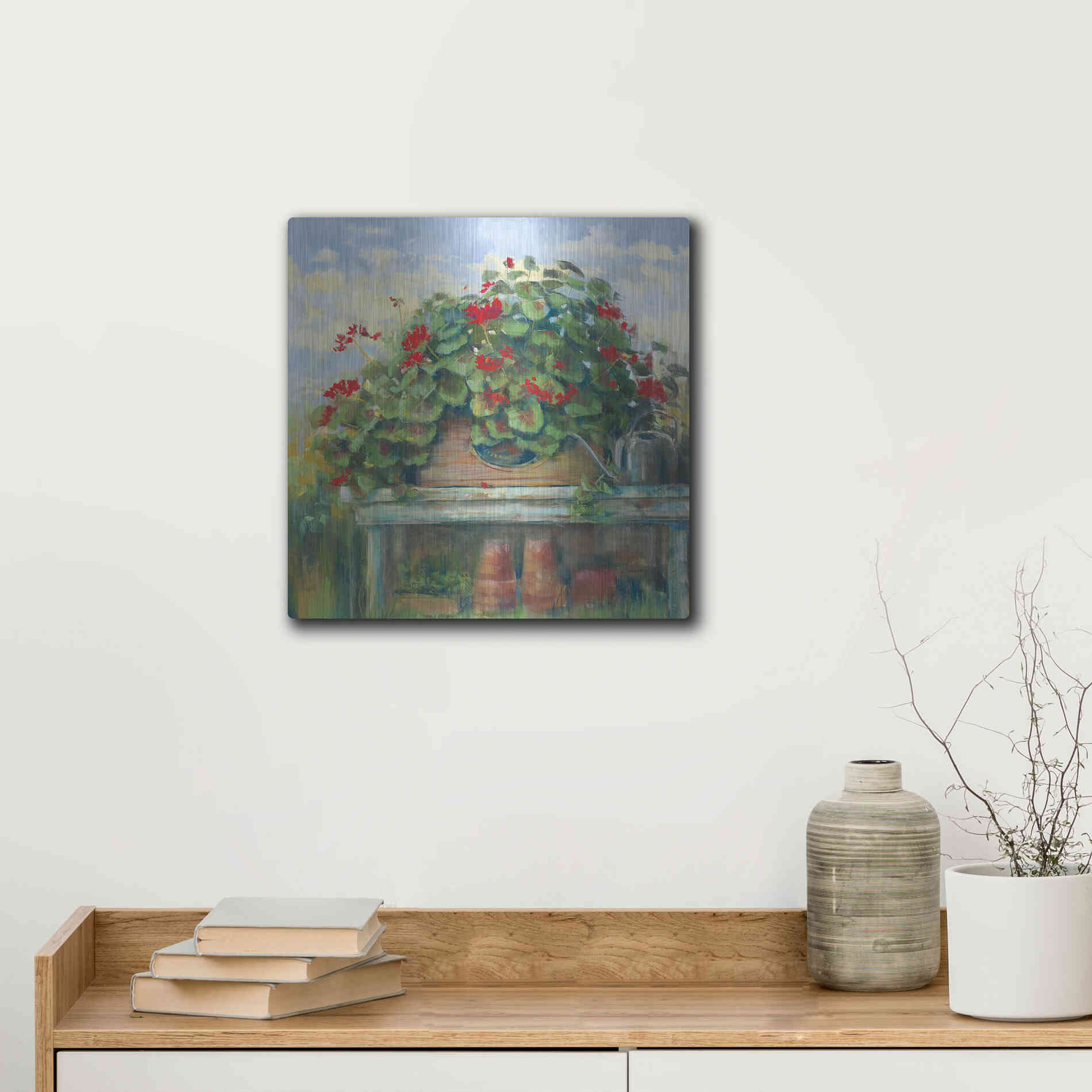 Luxe Metal Art 'Geranium Bench Crop' by Carol Rowan, Metal Wall Art,12x12