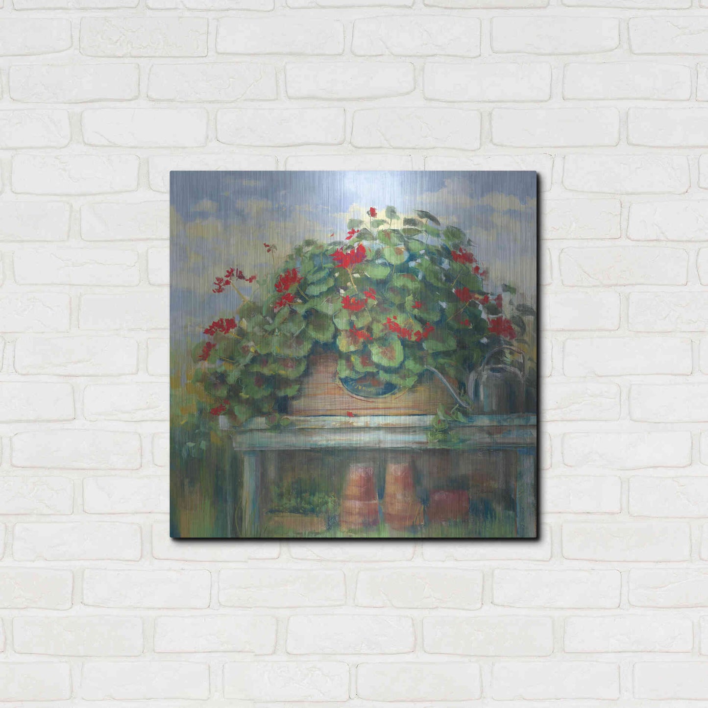 Luxe Metal Art 'Geranium Bench Crop' by Carol Rowan, Metal Wall Art,24x24