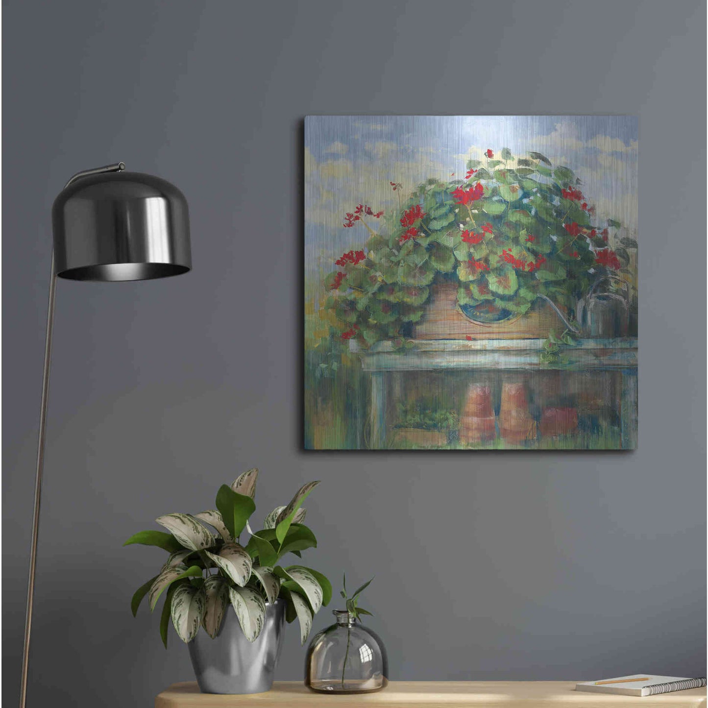 Luxe Metal Art 'Geranium Bench Crop' by Carol Rowan, Metal Wall Art,24x24