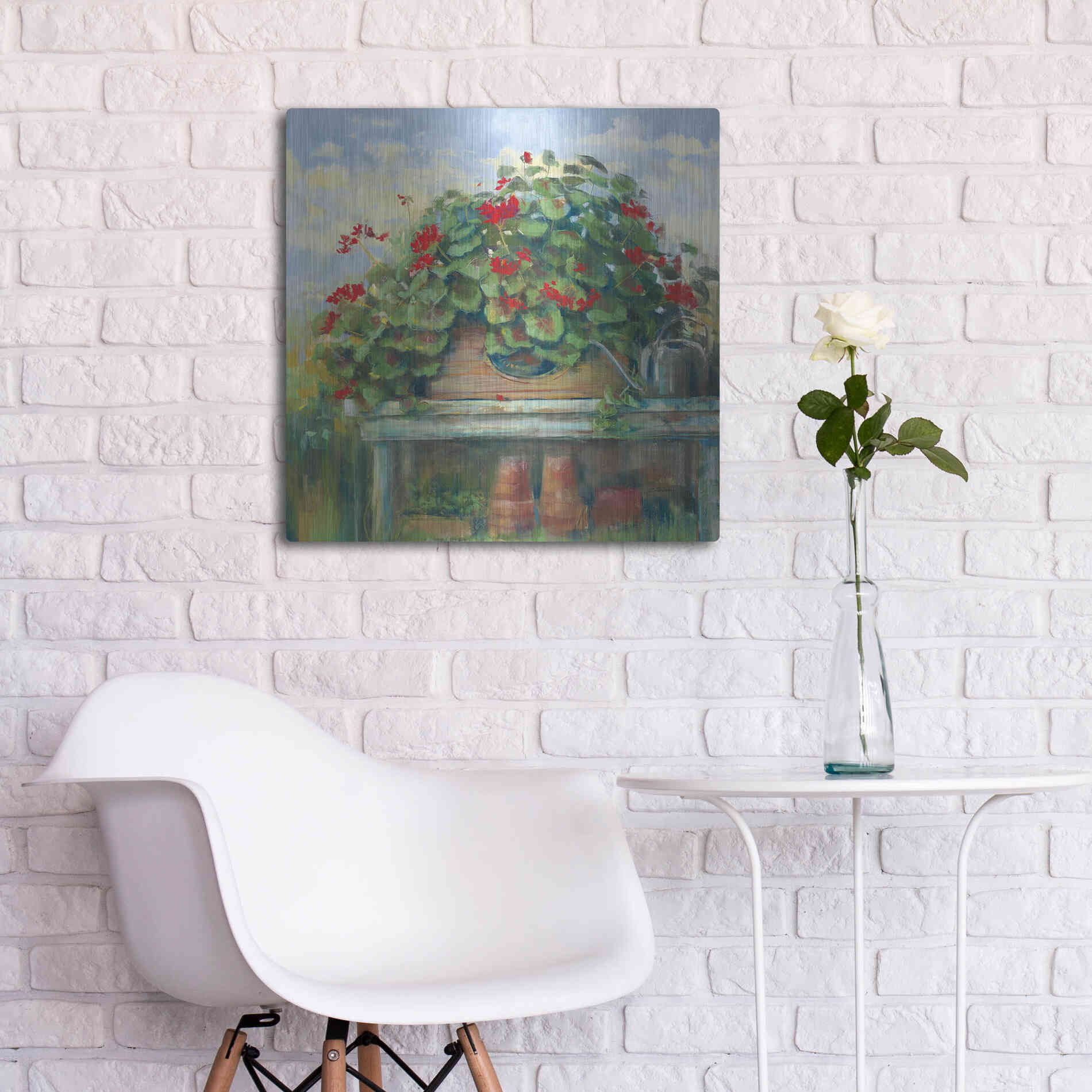 Luxe Metal Art 'Geranium Bench Crop' by Carol Rowan, Metal Wall Art,24x24