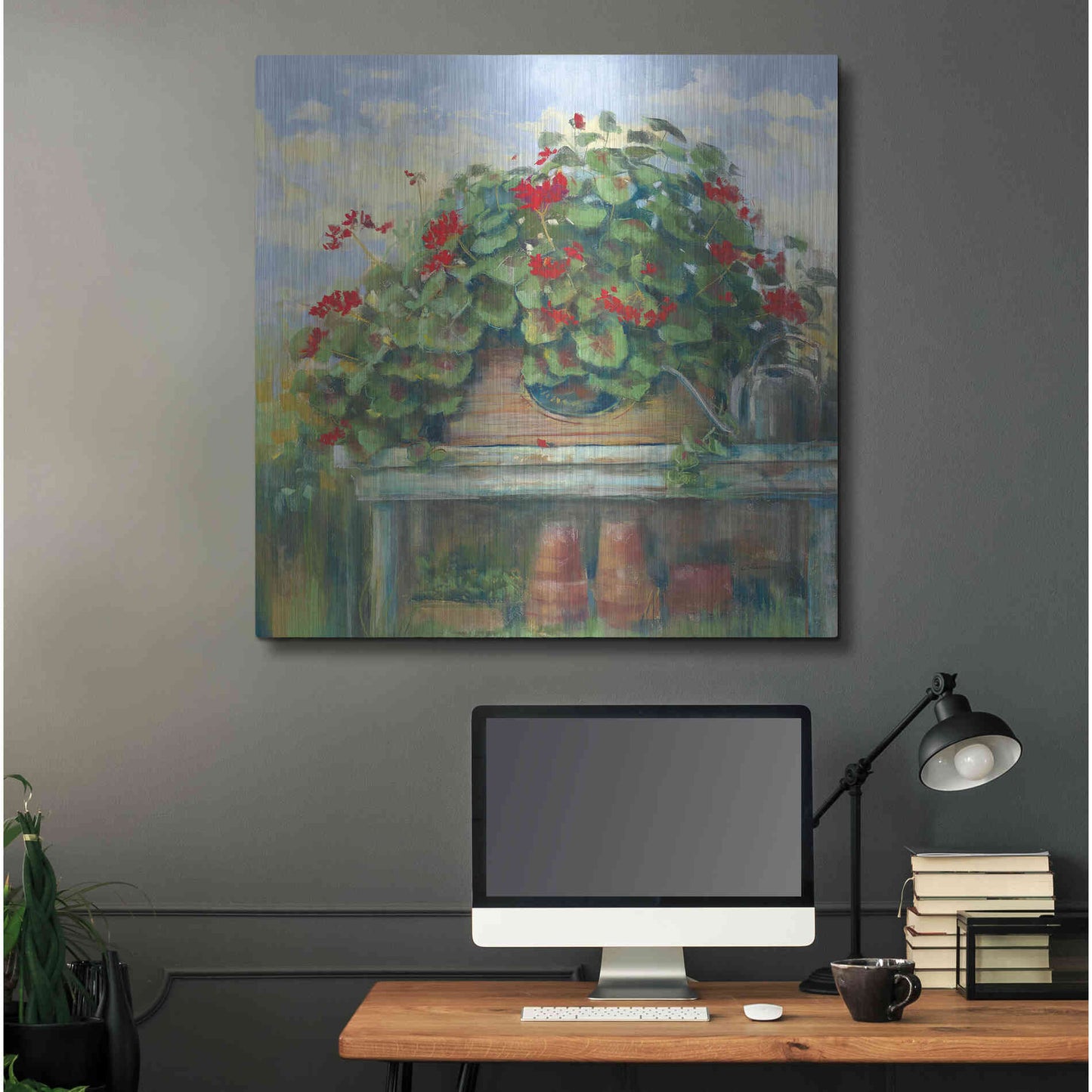 Luxe Metal Art 'Geranium Bench Crop' by Carol Rowan, Metal Wall Art,36x36