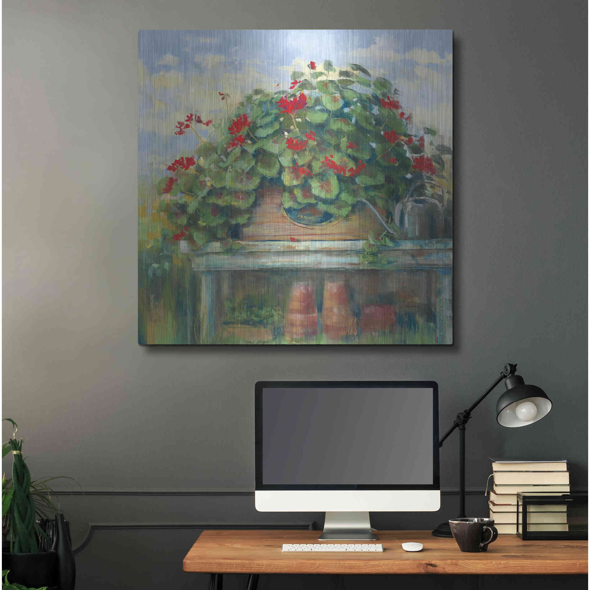 Luxe Metal Art 'Geranium Bench Crop' by Carol Rowan, Metal Wall Art,36x36
