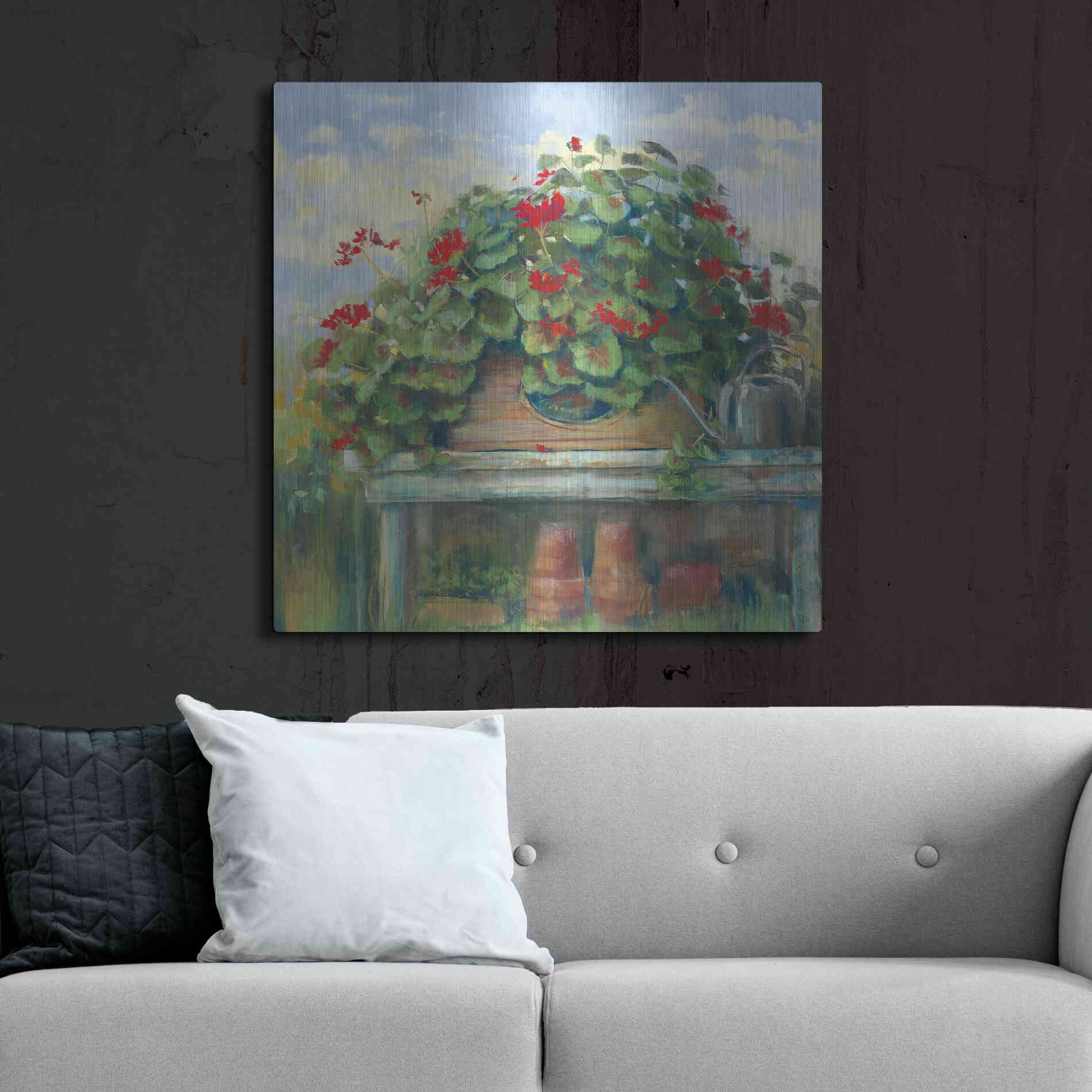 Luxe Metal Art 'Geranium Bench Crop' by Carol Rowan, Metal Wall Art,36x36