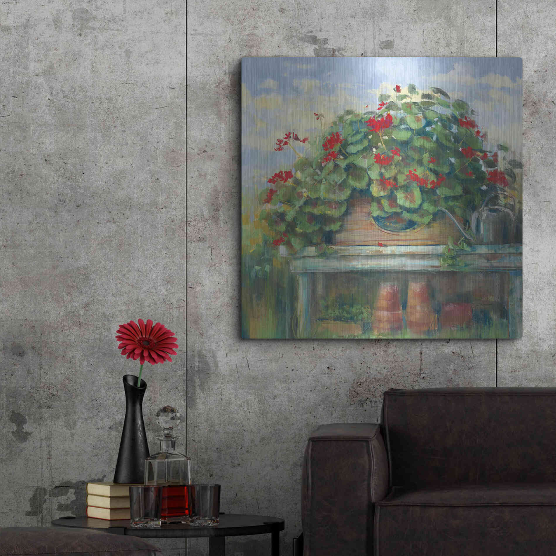 Luxe Metal Art 'Geranium Bench Crop' by Carol Rowan, Metal Wall Art,36x36