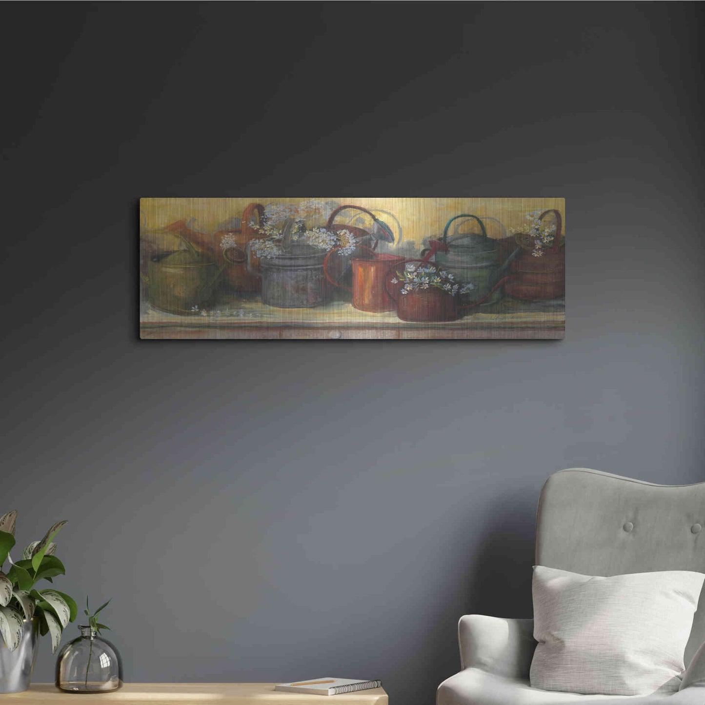 Luxe Metal Art 'Watering Cans' by Carol Rowan, Metal Wall Art,36x12