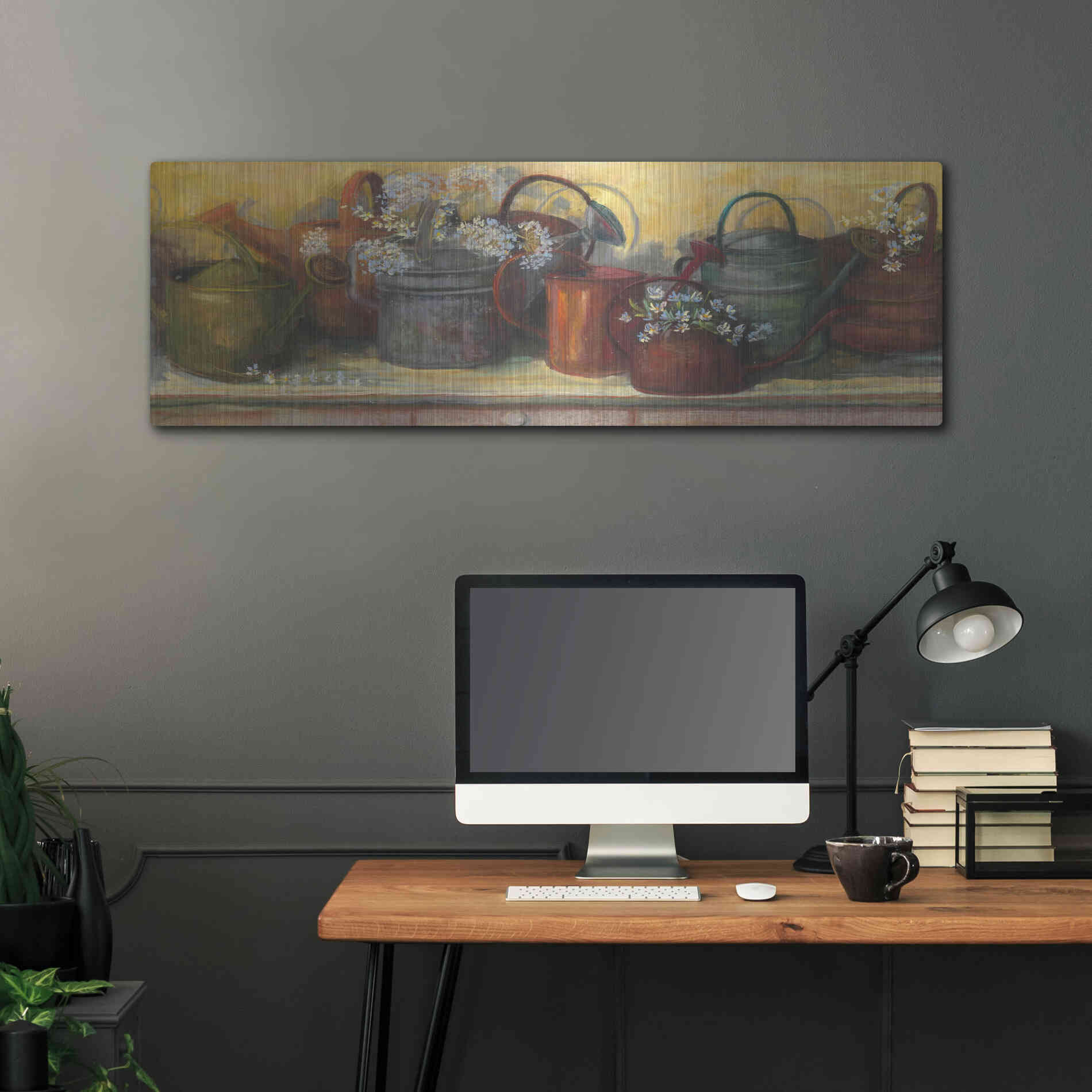 Luxe Metal Art 'Watering Cans' by Carol Rowan, Metal Wall Art,48x16