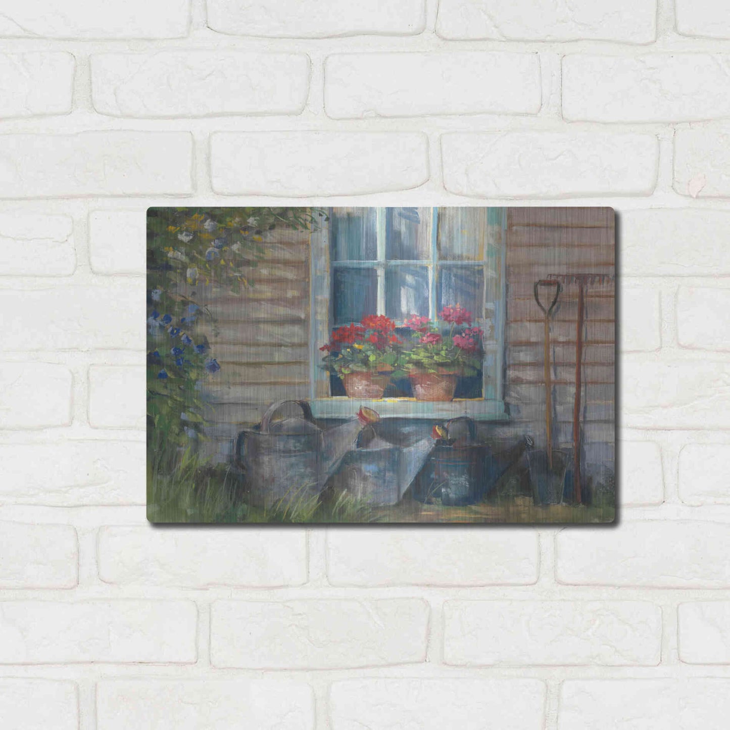 Luxe Metal Art 'Window With Geraniums' by Carol Rowan, Metal Wall Art,16x12